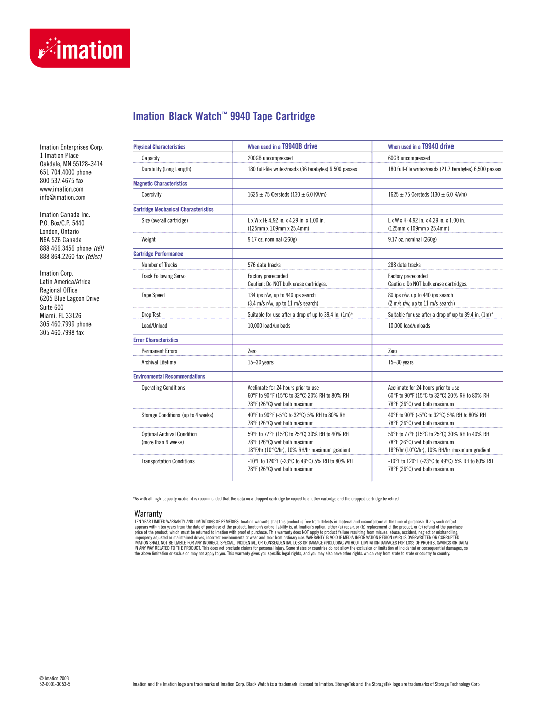 Imation 9940 manual Magnetic Characteristics, Cartridge Performance, Error Characteristics, Environmental Recommendations 