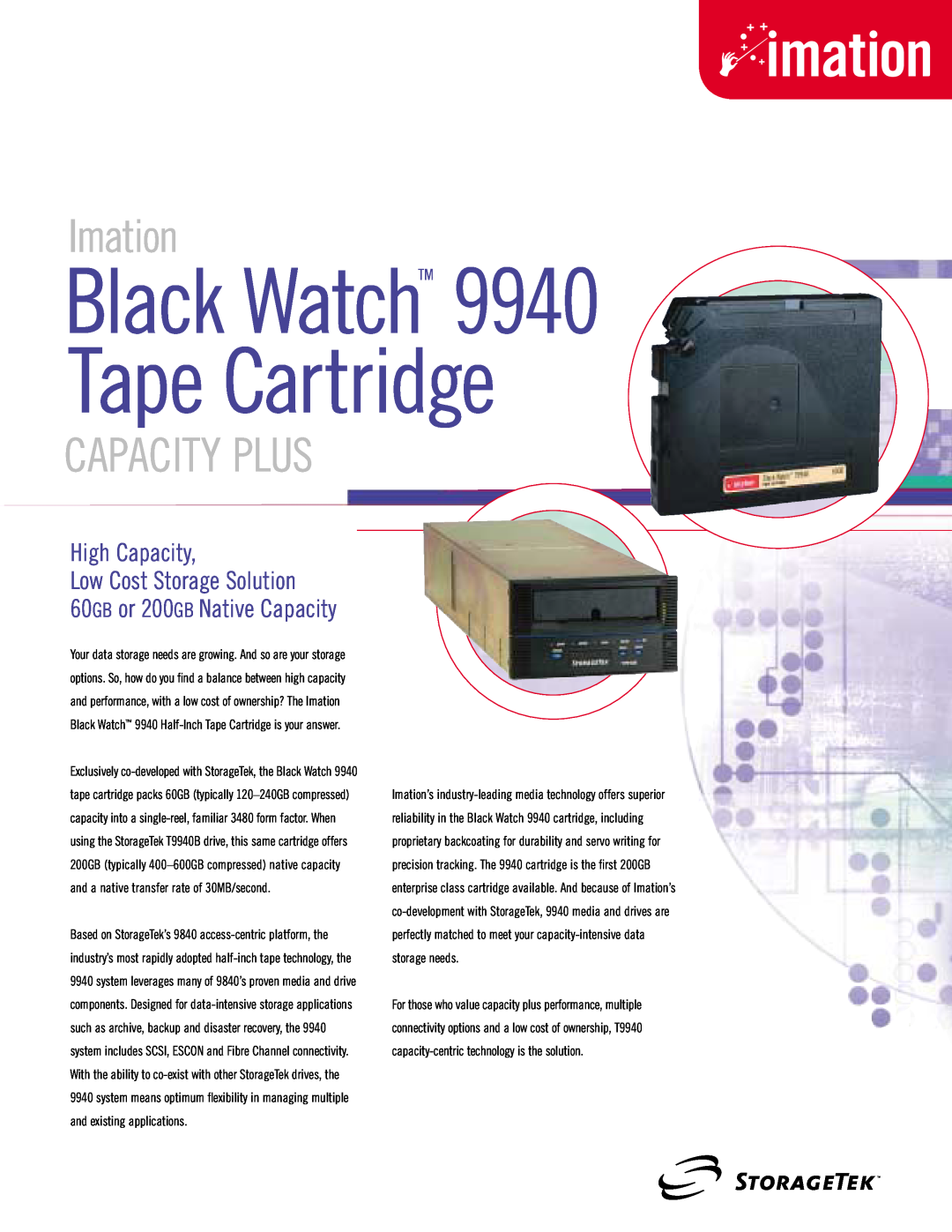 Imation manual Black WatchTM 9940 Tape Cartridge, Capacity Plus, Imation, High Capacity Low Cost Storage Solution 