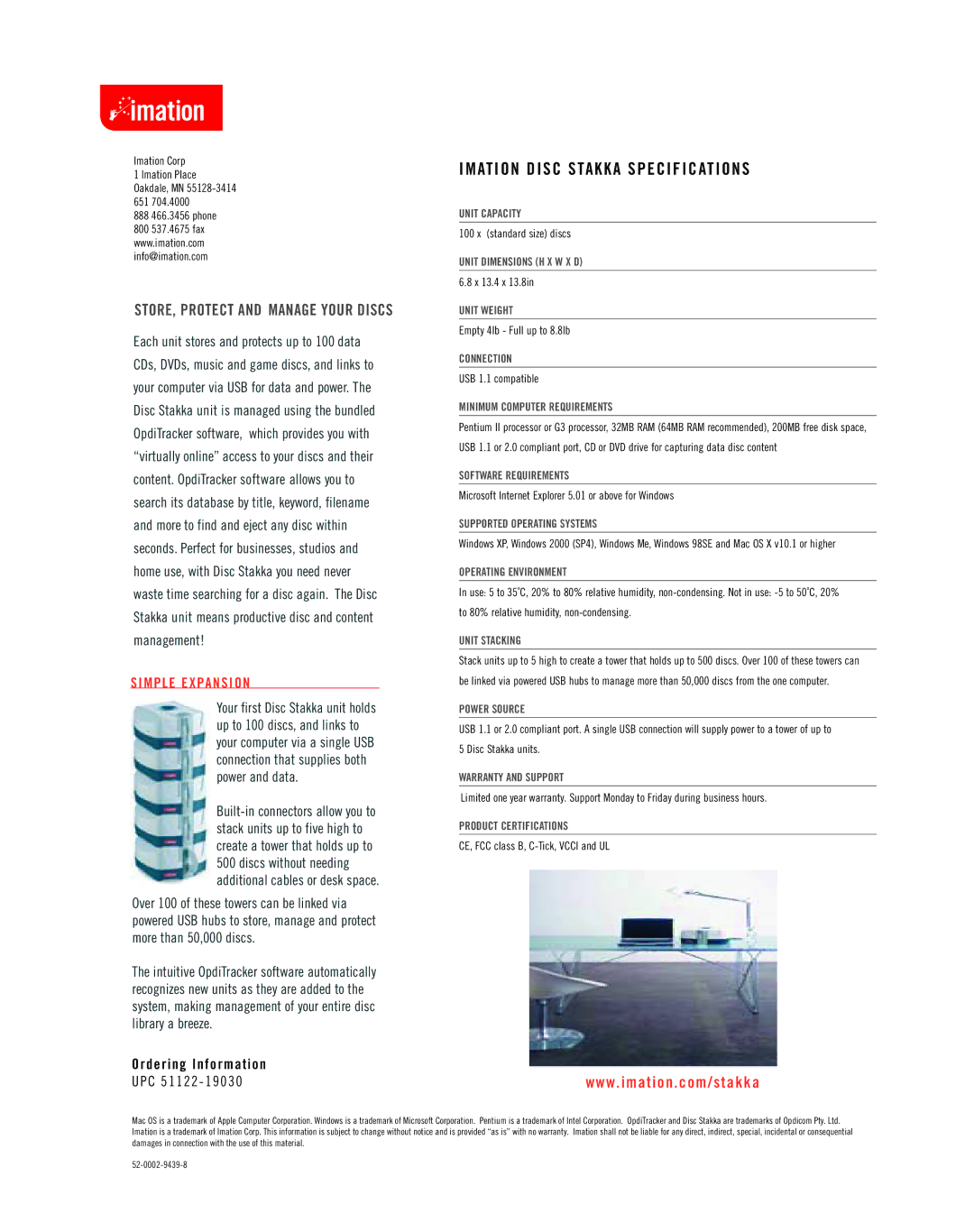 Imation CD & DVD Player Unit Capacity, Unit Dimensions H X W X D, Unit Weight, Connection, Minimum Computer Requirements 