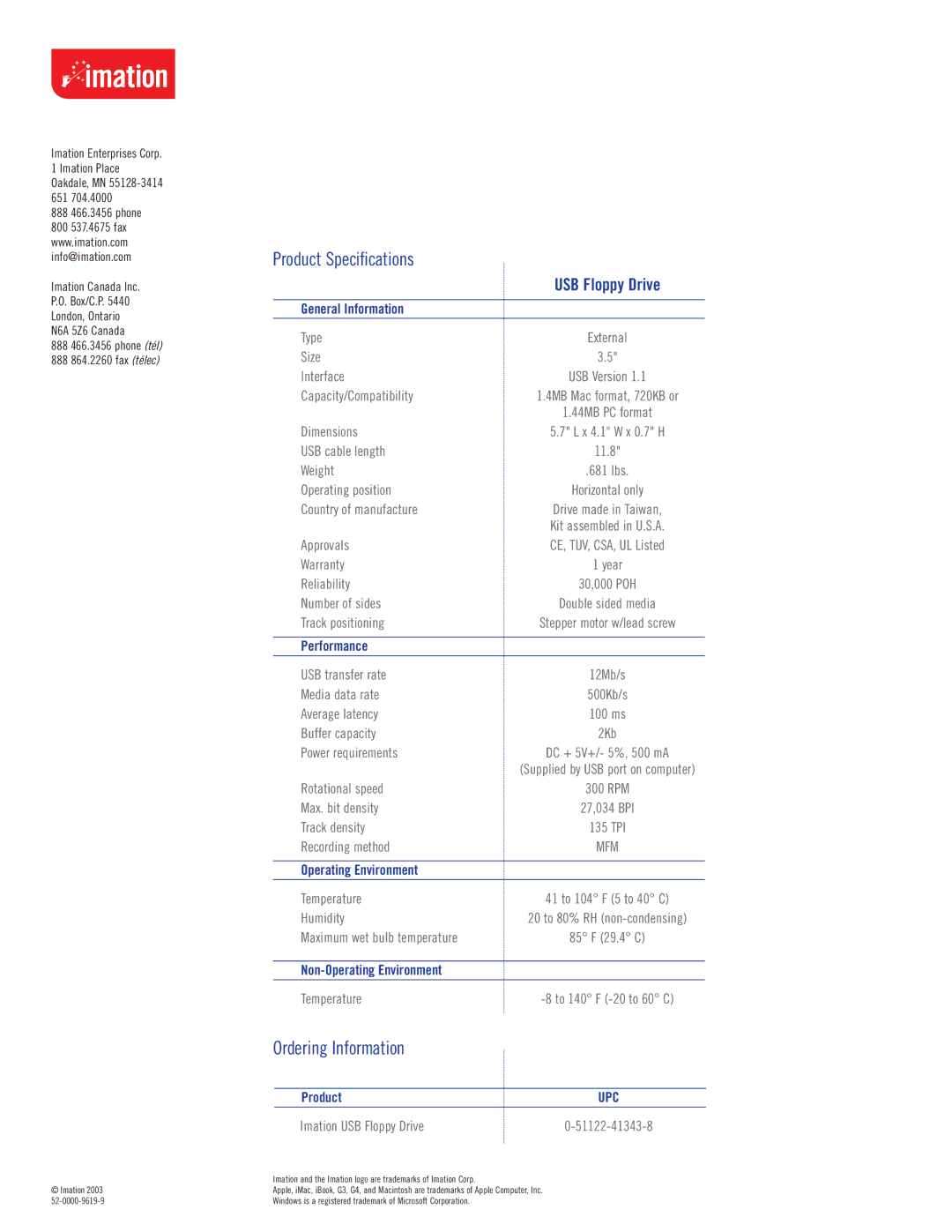 Imation Computer Drive manual Product Speciﬁcations, Ordering Information 