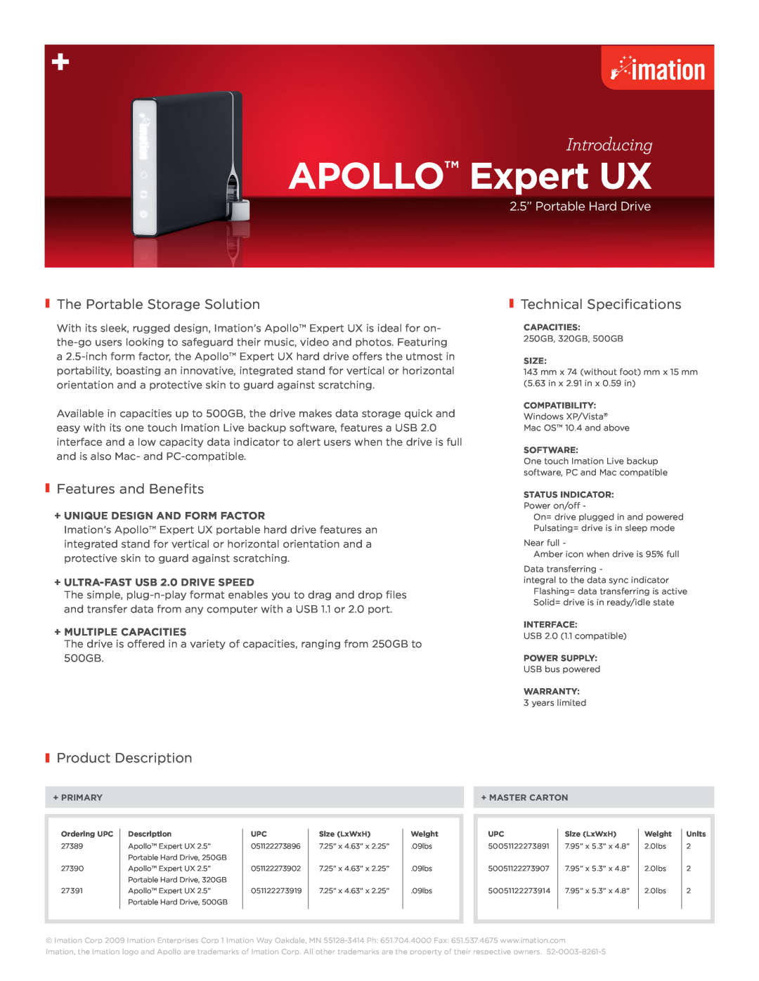 Imation manual apollo Expert UX, Introducing, The Portable Storage Solution, Technical Specifications 