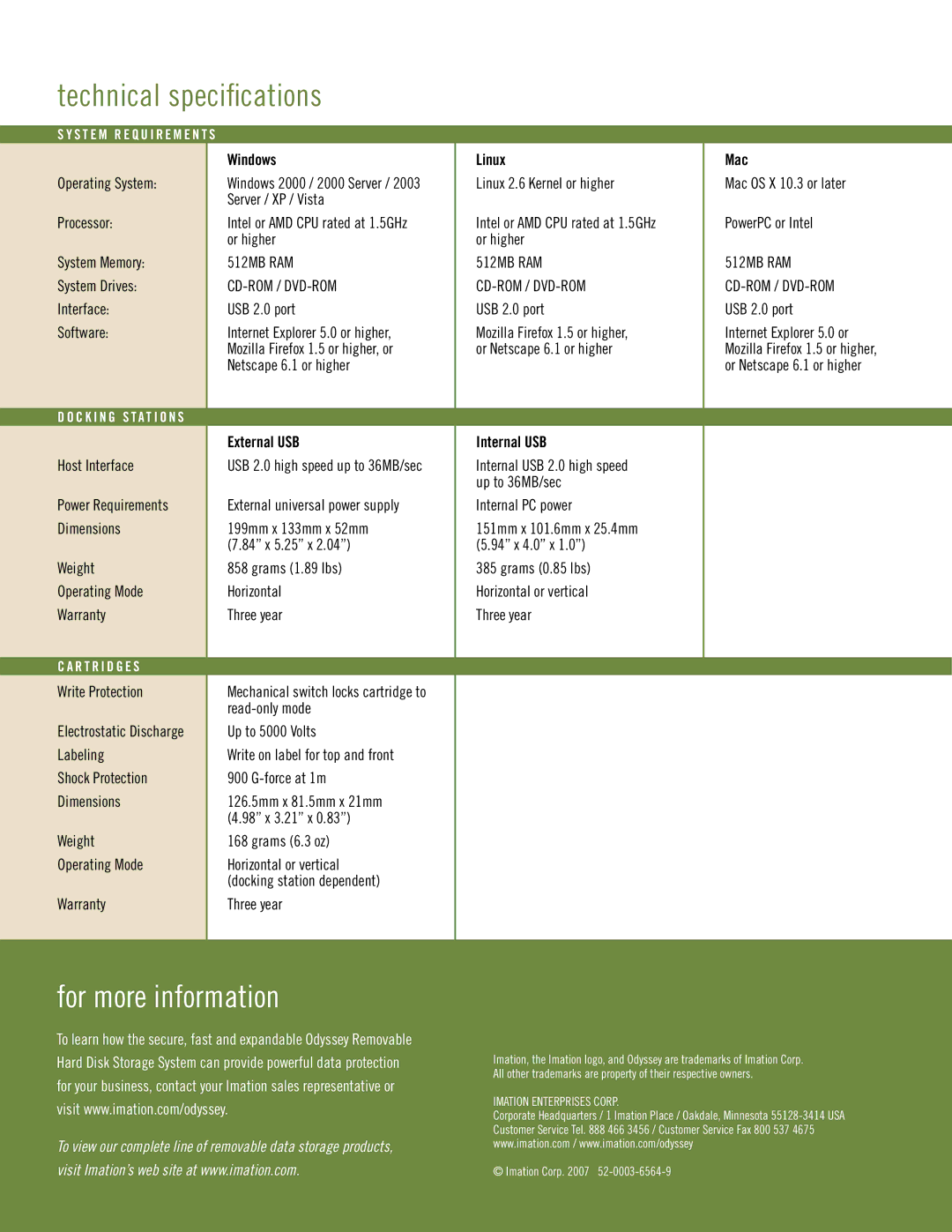 Imation Hard Disk Storage System manual Technical specifications, For more information 