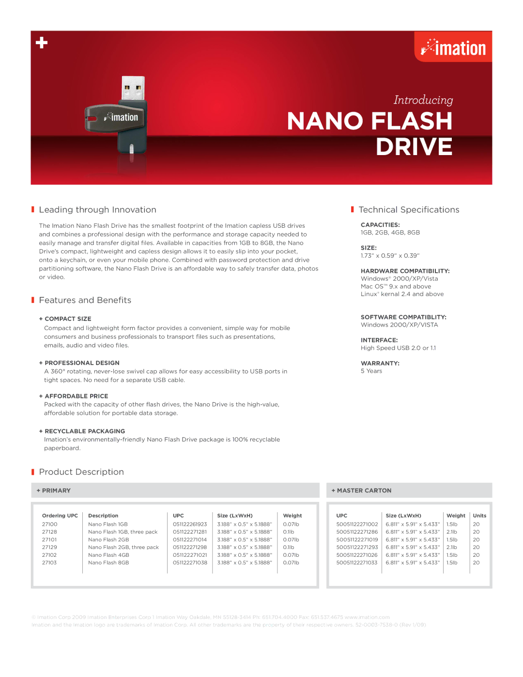 Imation Nano Flash Drive manual Leading through Innovation, Features and Benefits, Technical Specifications 