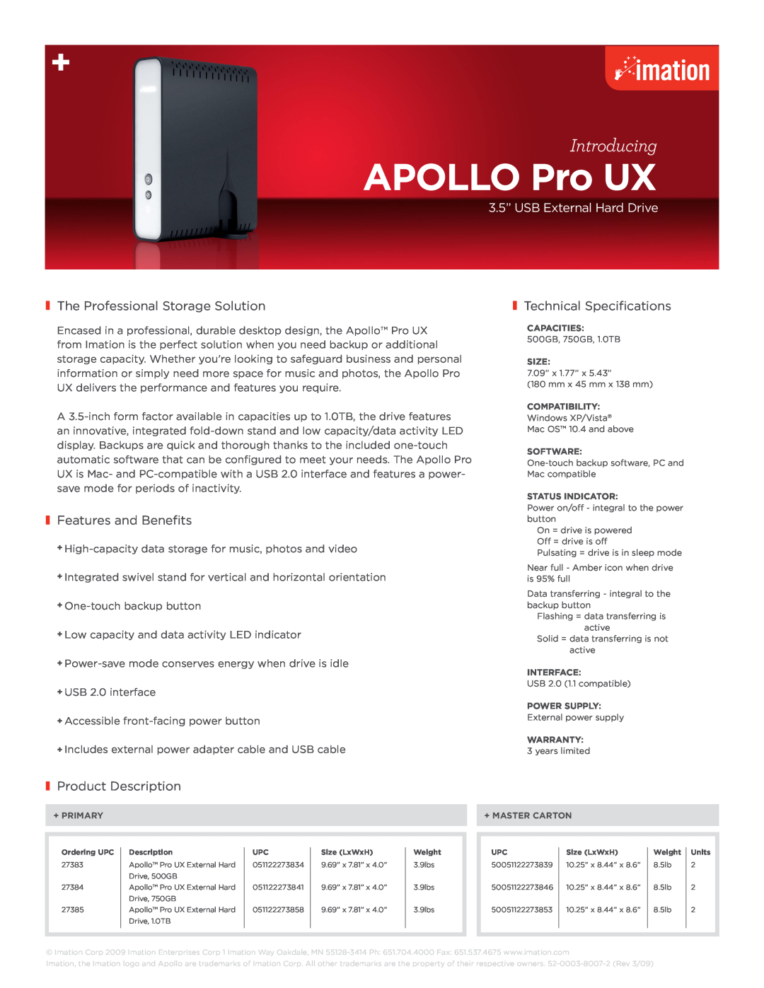 Imation manual apollo Pro UX, Introducing, 3.5” USB External Hard Drive, The Professional Storage Solution 