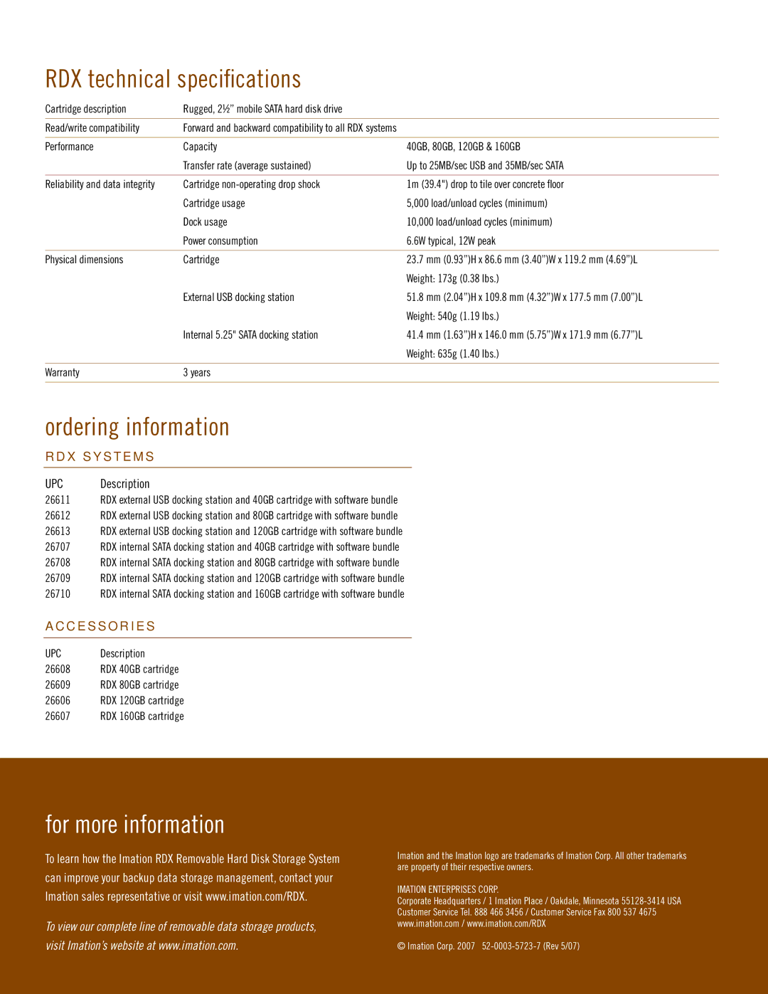 Imation manual RDX technical specifications, Ordering information, For more information 