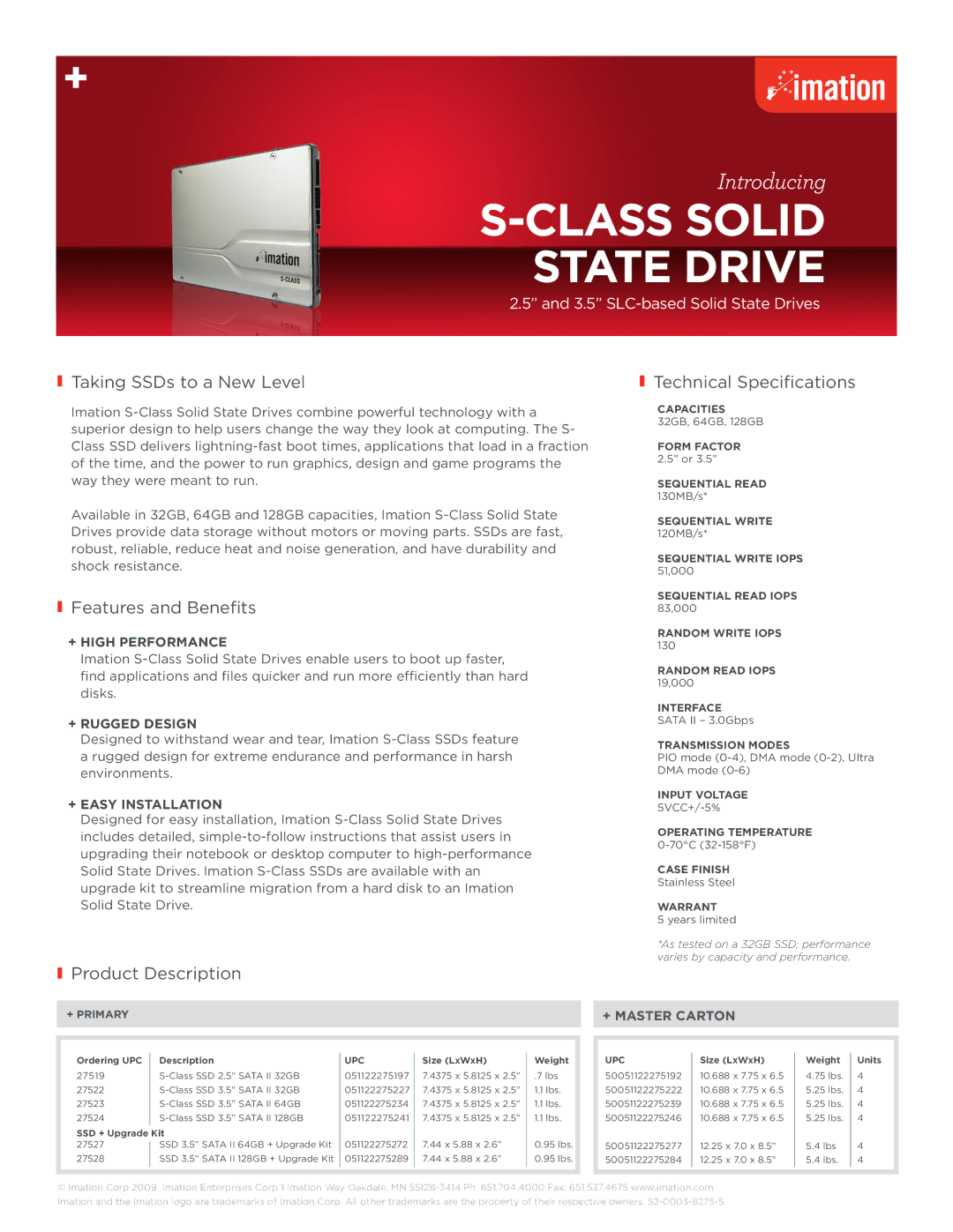 Imation S-Class manual Taking SSDs to a New Level, Technical Specifications, Features and Benefits, Product Description 