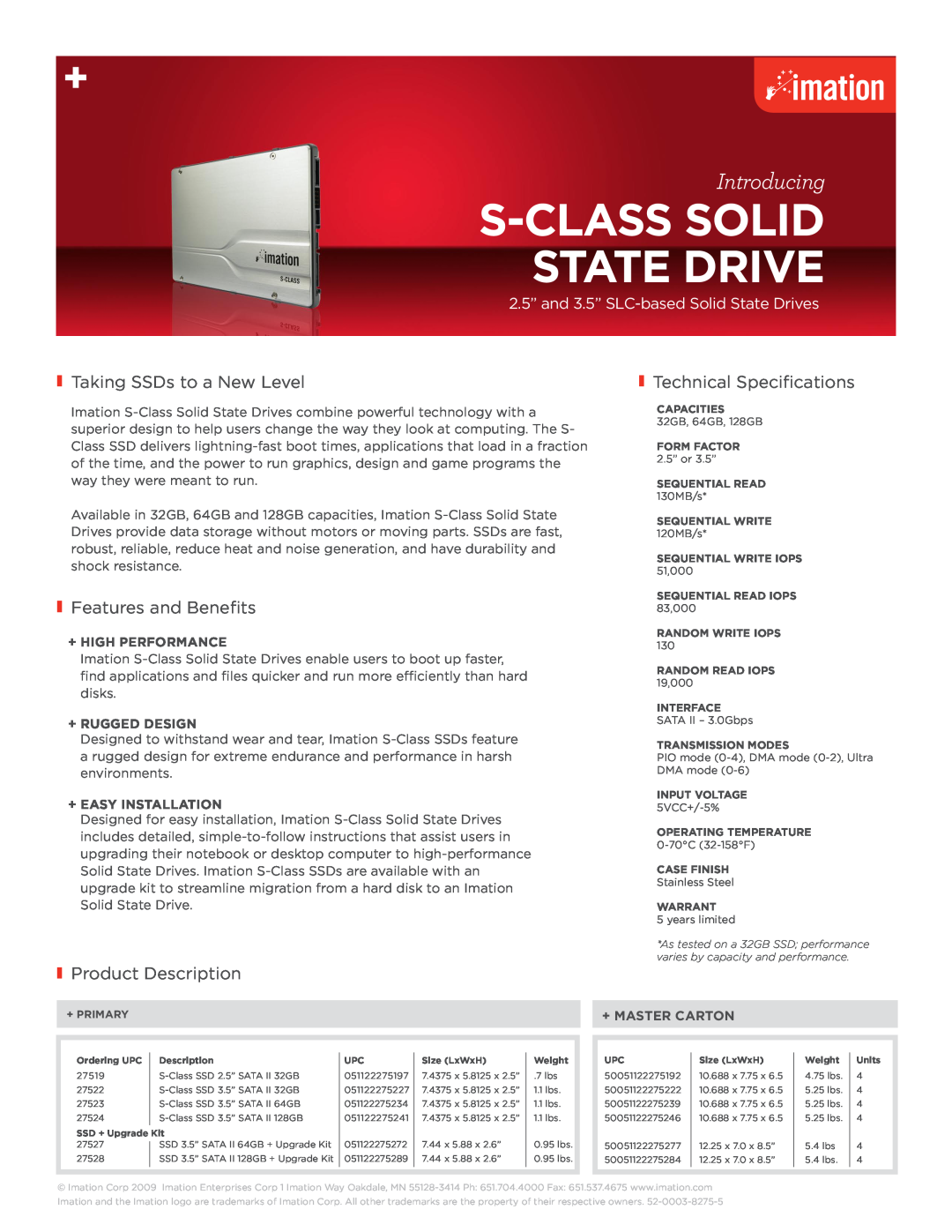 Imation manual S-Class Solid State Drive, Introducing, Taking SSDs to a New Level, Technical Specifications 