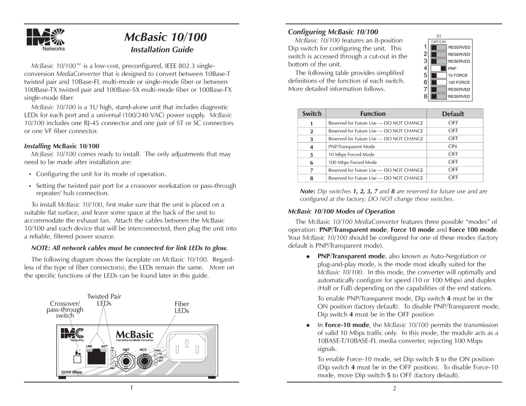 IMC Networks manual Installation Guide, Configuring McBasic 10/100 