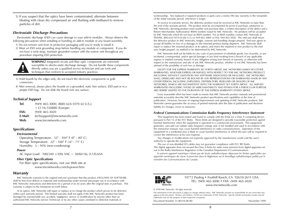 IMC Networks 10/100 manual Warranty, Electrostatic Discharge Precautions, Technical Support, Specifications 