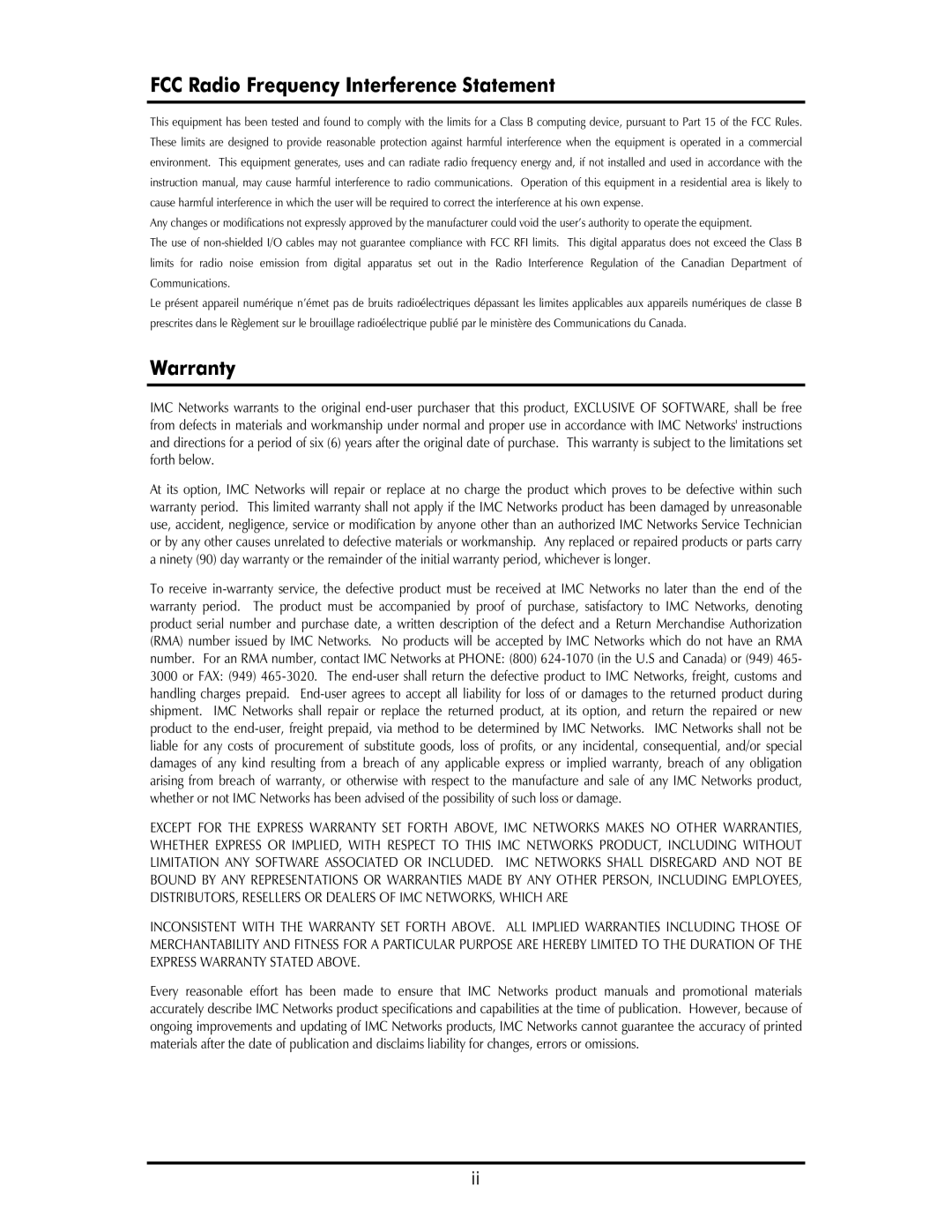 IMC Networks AccessEtherLinx/4 operation manual FCC Radio Frequency Interference Statement, Warranty 