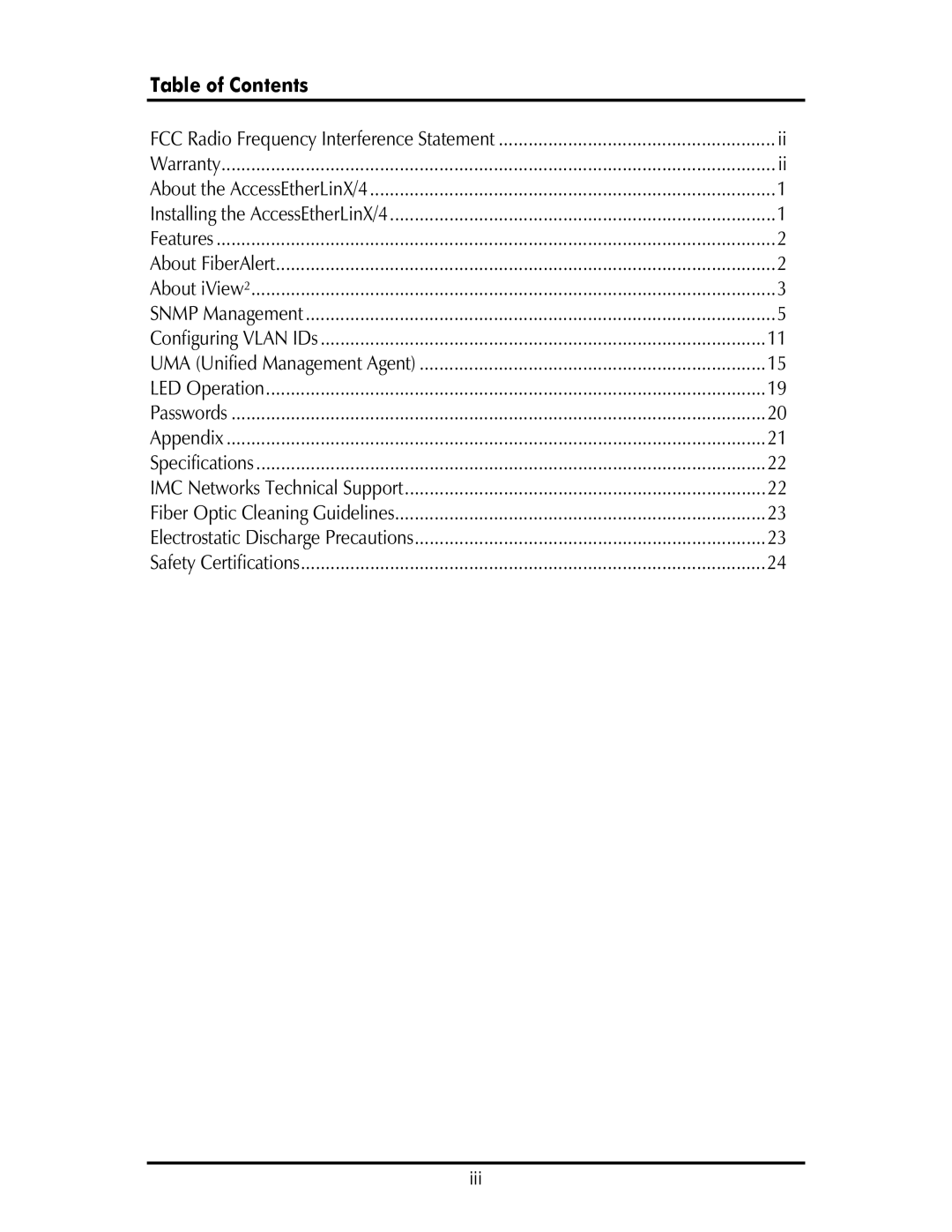 IMC Networks AccessEtherLinx/4 operation manual Table of Contents 