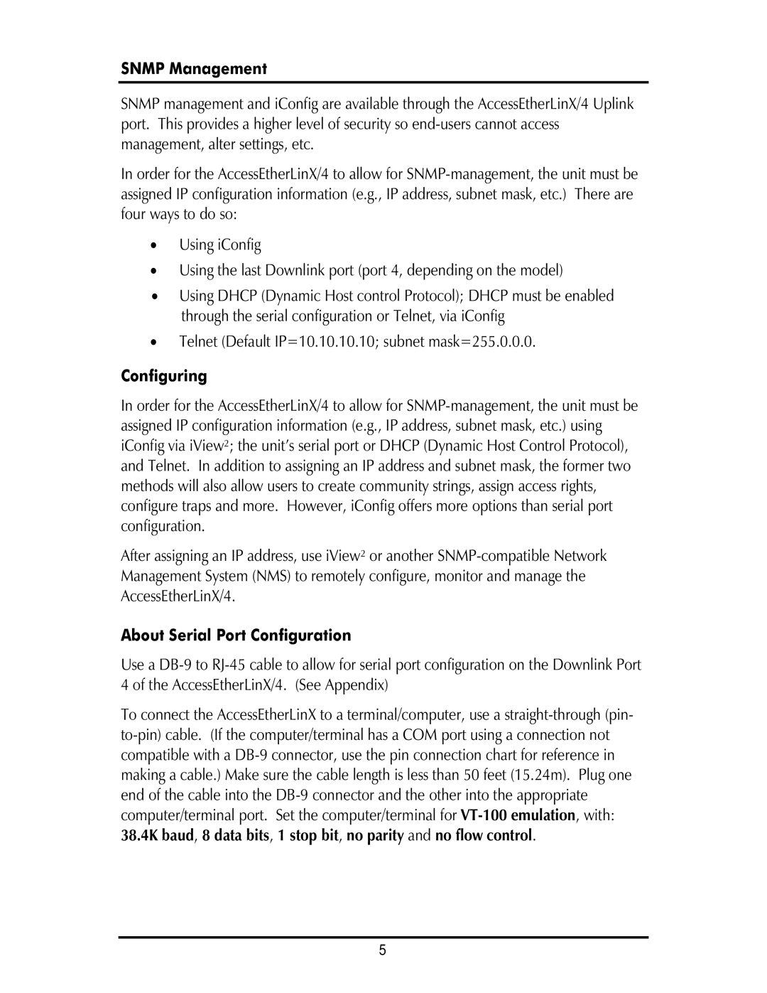 IMC Networks AccessEtherLinx/4 operation manual Snmp Management, Configuring, About Serial Port Configuration 