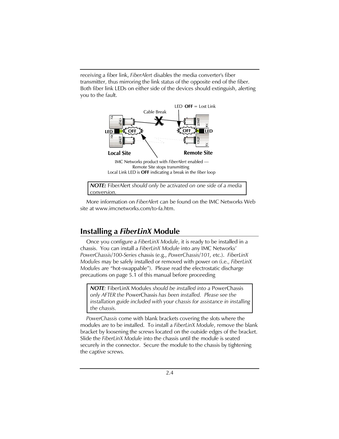 IMC Networks installation manual Installing a FiberLinX Module 