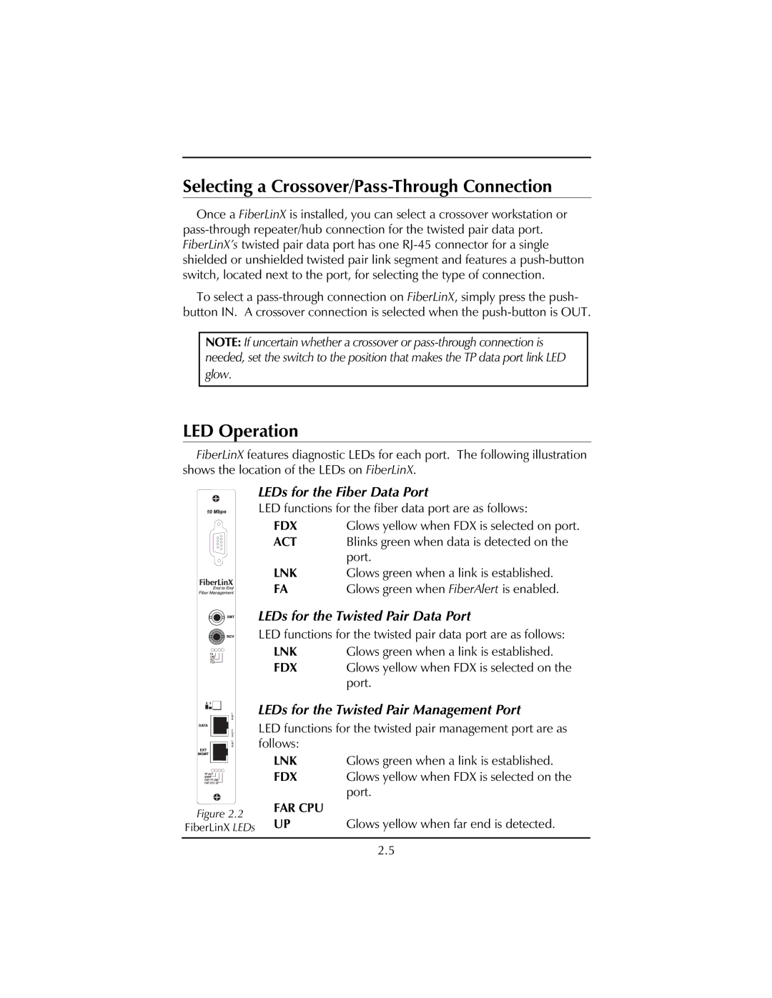 IMC Networks FiberLinX installation manual Selecting a Crossover/Pass-Through Connection, LED Operation 