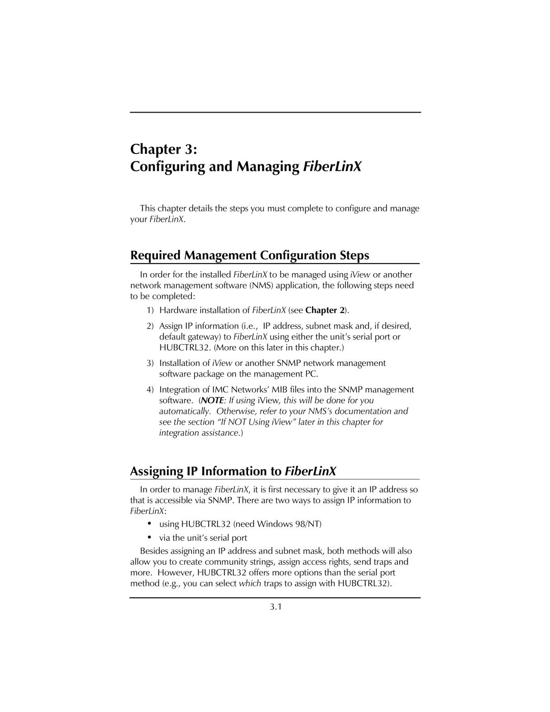 IMC Networks installation manual Chapter Configuring and Managing FiberLinX, Required Management Configuration Steps 