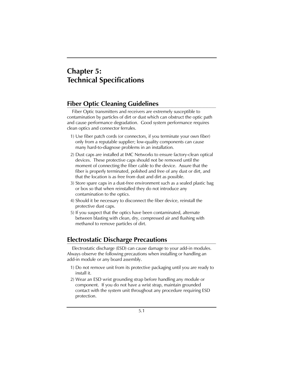 IMC Networks FiberLinX installation manual Chapter Technical Specifications, Fiber Optic Cleaning Guidelines 