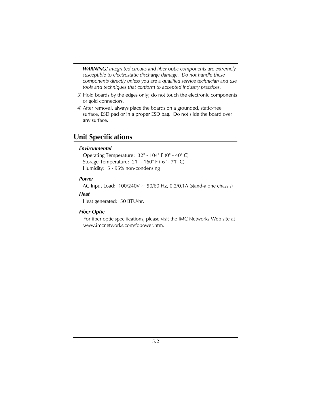 IMC Networks FiberLinX installation manual Unit Specifications 