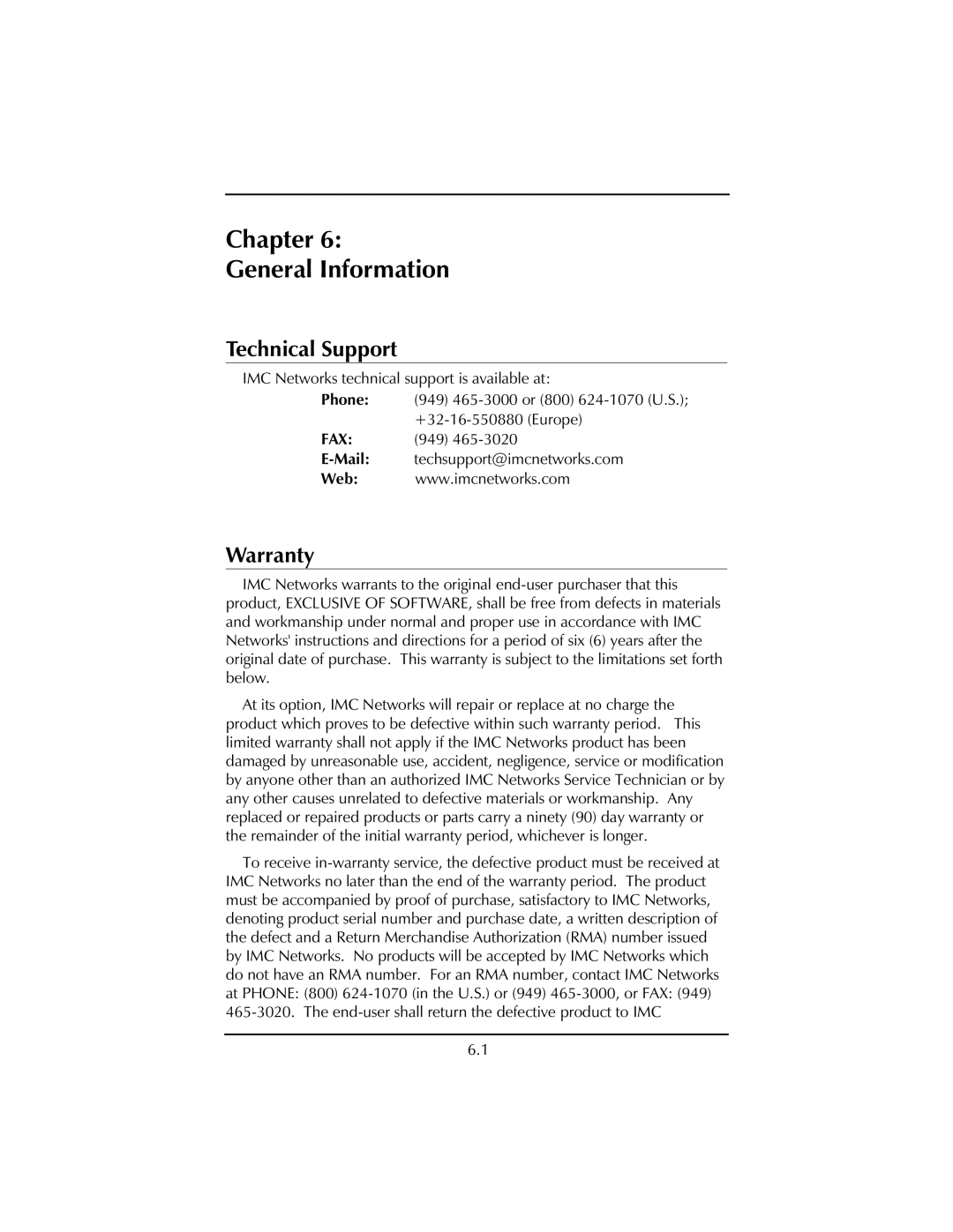 IMC Networks FiberLinX installation manual Chapter General Information, Technical Support, Warranty 