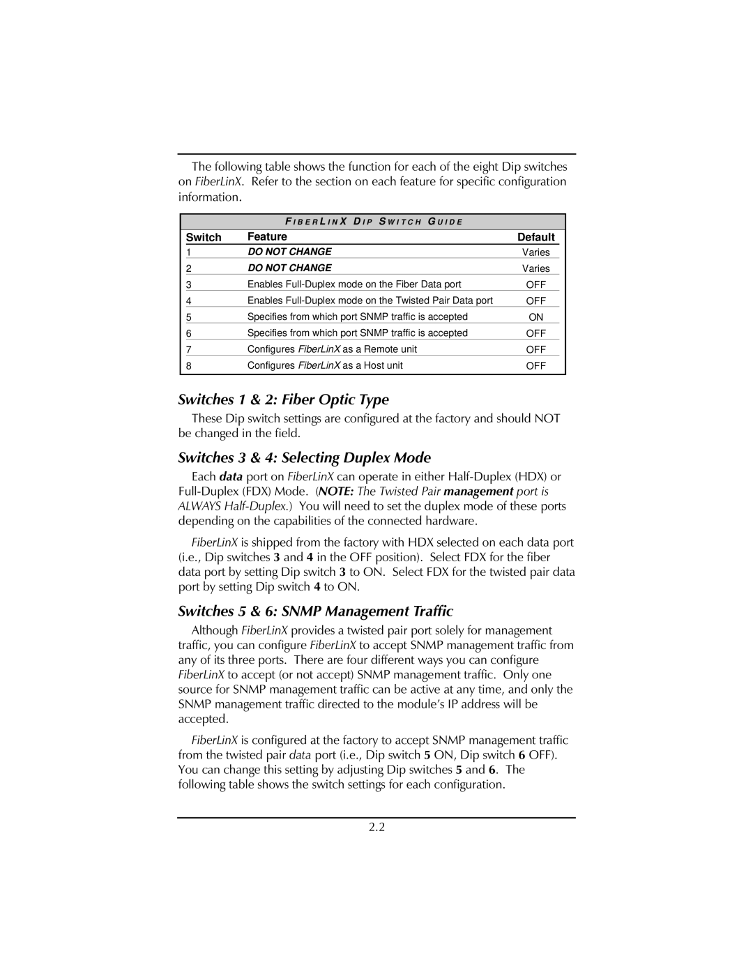 IMC Networks FiberLinX installation manual Switches 1 & 2 Fiber Optic Type 