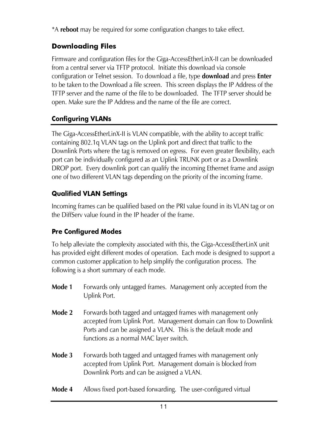 IMC Networks Giga-AcessEtherLinx-II Downloading Files, Configuring VLANs, Qualified Vlan Settings, Pre Configured Modes 