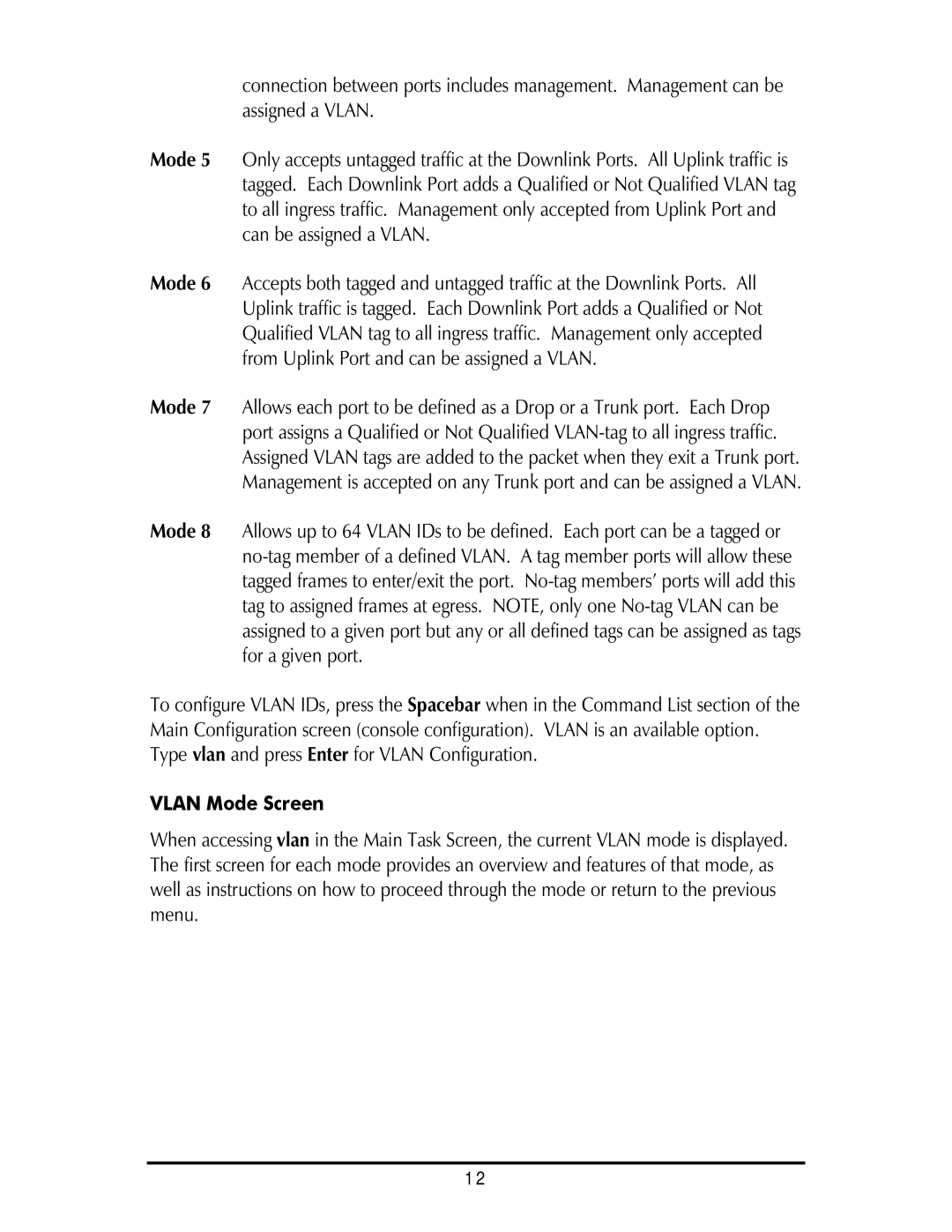 IMC Networks Giga-AcessEtherLinx-II operation manual Vlan Mode Screen 