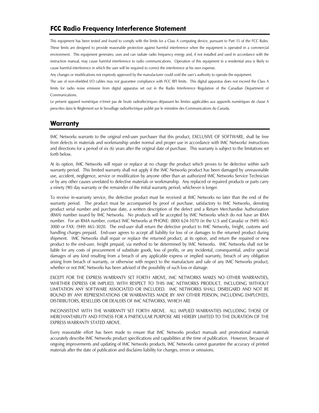 IMC Networks Giga-AcessEtherLinx-II operation manual FCC Radio Frequency Interference Statement, Warranty 