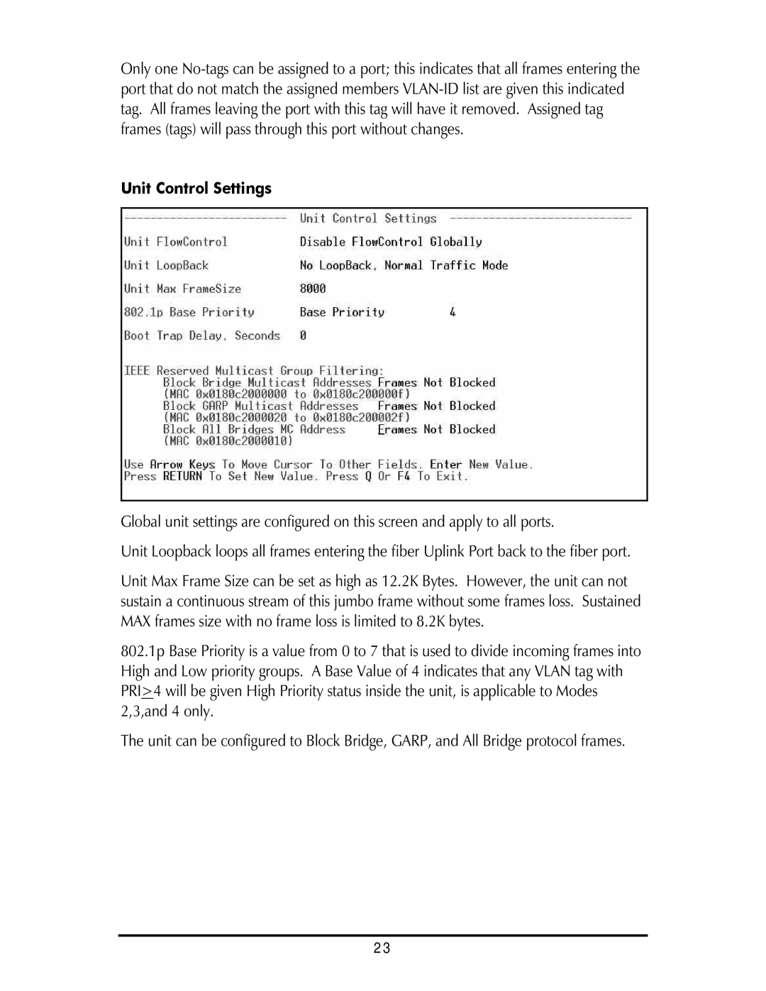 IMC Networks Giga-AcessEtherLinx-II operation manual Unit Control Settings 