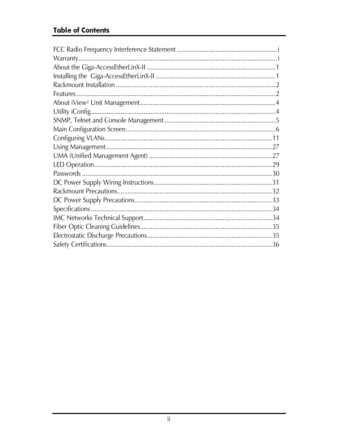 IMC Networks Giga-AcessEtherLinx-II operation manual Table of Contents 