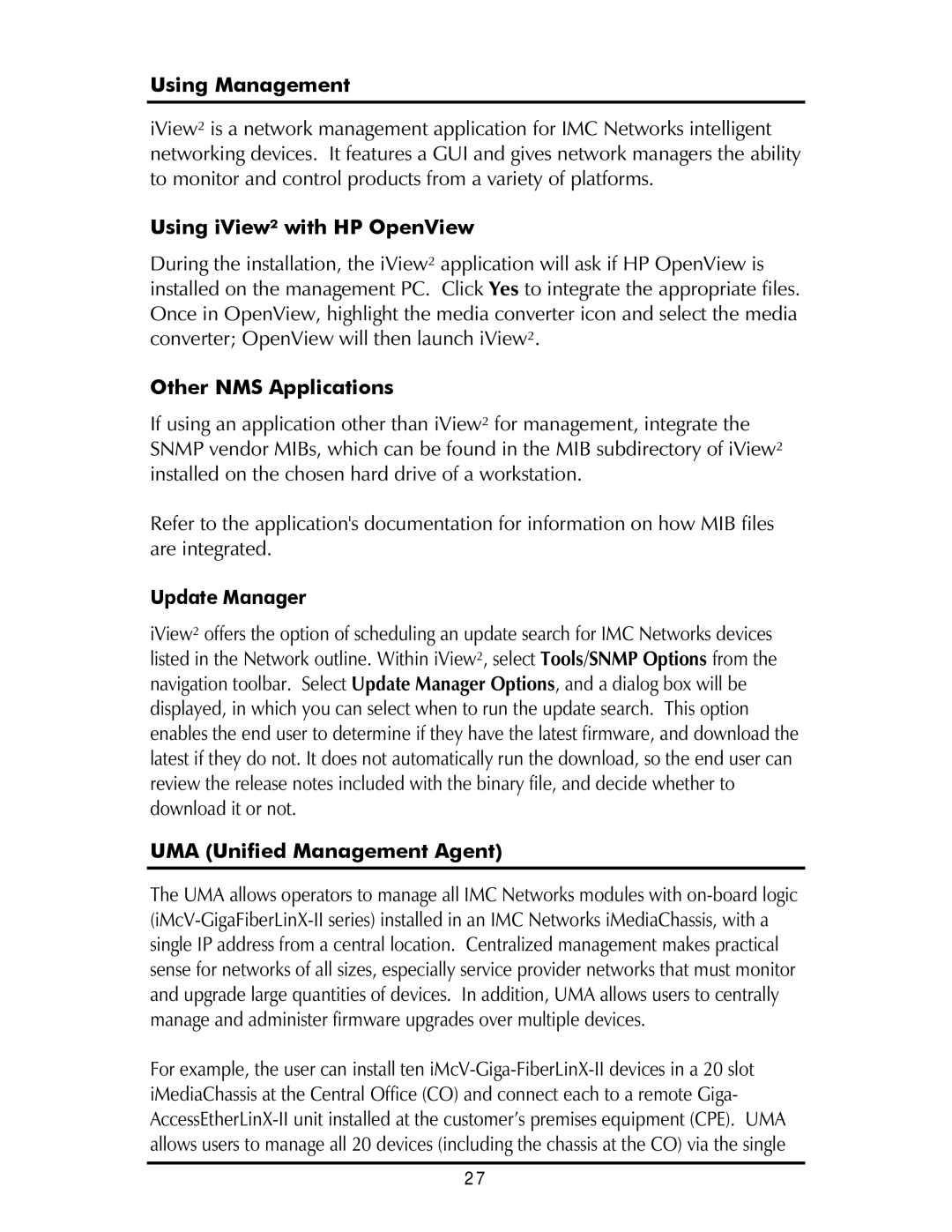 IMC Networks Giga-AcessEtherLinx-II Using Management, Using iView² with HP OpenView, Other NMS Applications 