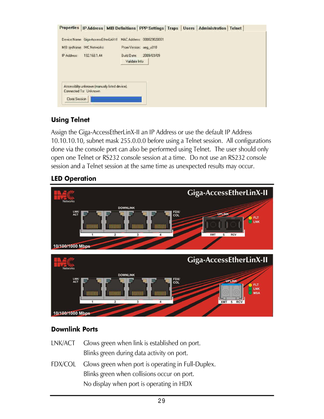 IMC Networks Giga-AcessEtherLinx-II operation manual Using Telnet, LED Operation Downlink Ports 