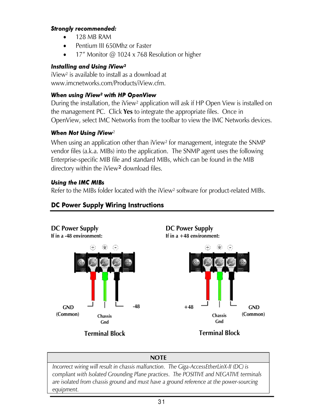 IMC Networks Giga-AcessEtherLinx-II operation manual DC Power Supply Wiring Instructions 