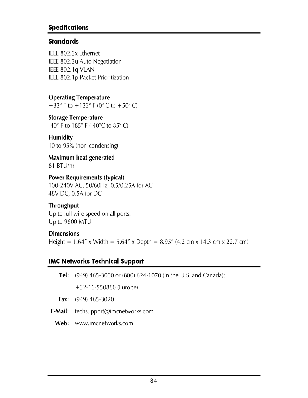 IMC Networks Giga-AcessEtherLinx-II operation manual Specifications Standards, IMC Networks Technical Support 