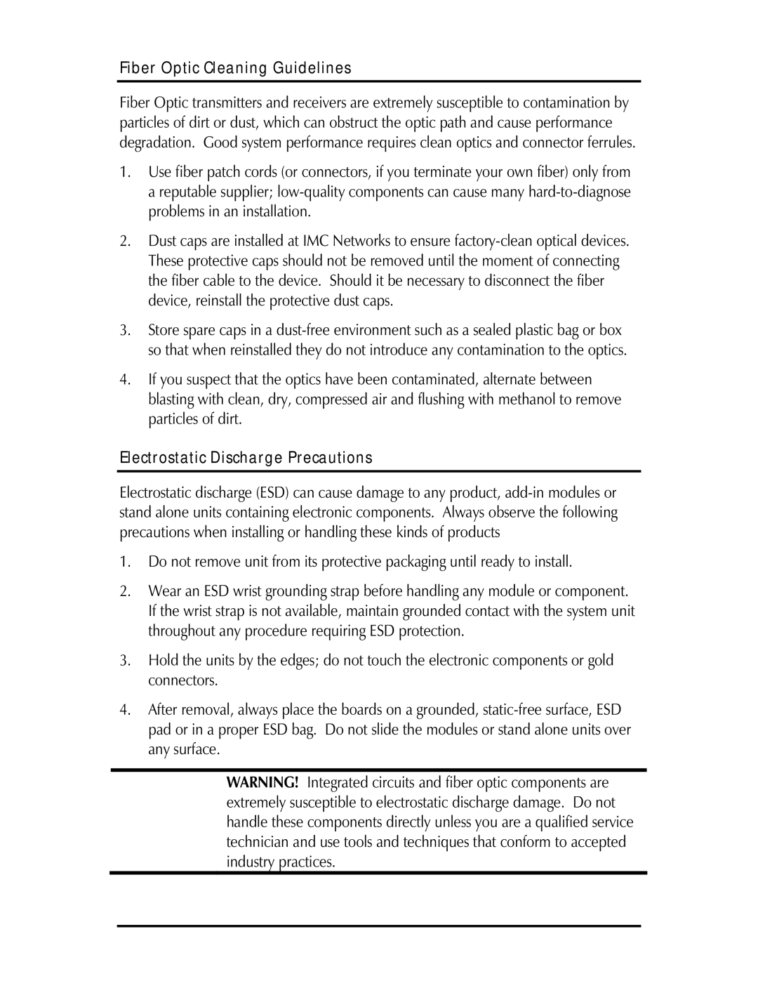 IMC Networks Giga-AcessEtherLinx-II operation manual Fiber Optic Cleaning Guidelines, Electrostatic Discharge Precautions 