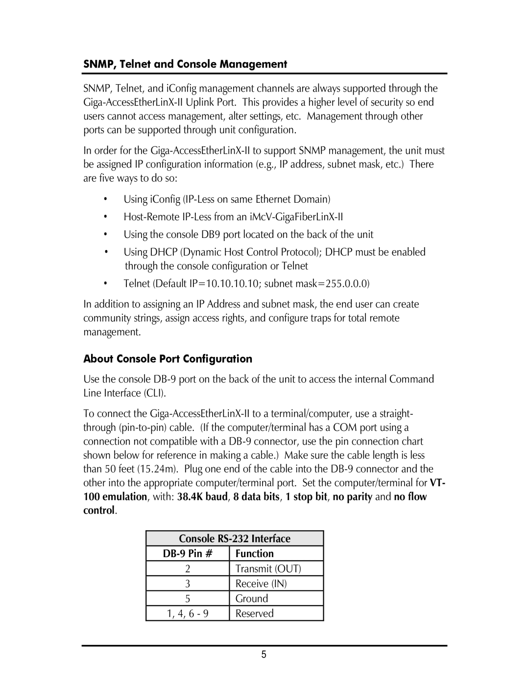 IMC Networks Giga-AcessEtherLinx-II operation manual SNMP, Telnet and Console Management, About Console Port Configuration 