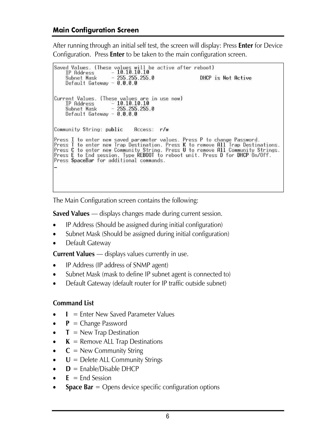 IMC Networks Giga-AcessEtherLinx-II operation manual Main Configuration Screen, Command List 