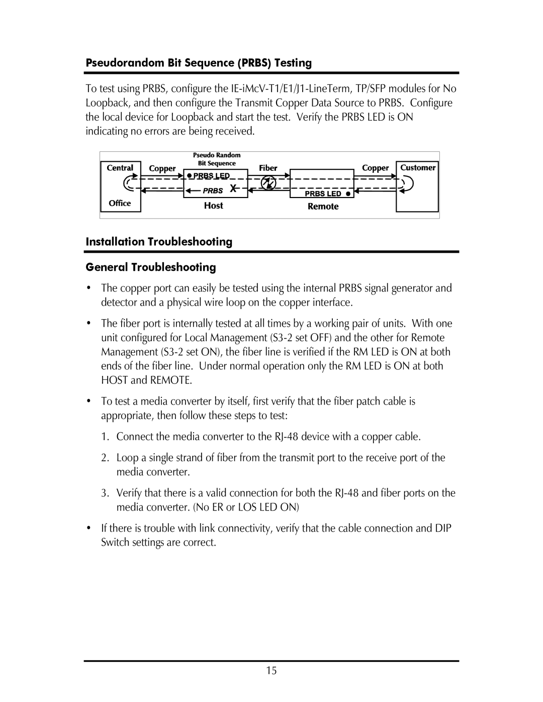 IMC Networks IE-IMCV-T1, E1 Pseudorandom Bit Sequence Prbs Testing, Installation Troubleshooting General Troubleshooting 