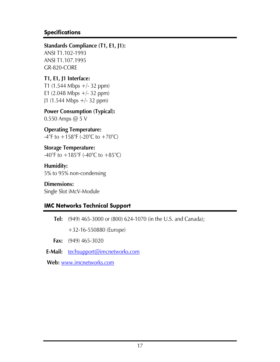 IMC Networks IE-IMCV-T1, E1 operation manual Specifications, IMC Networks Technical Support 