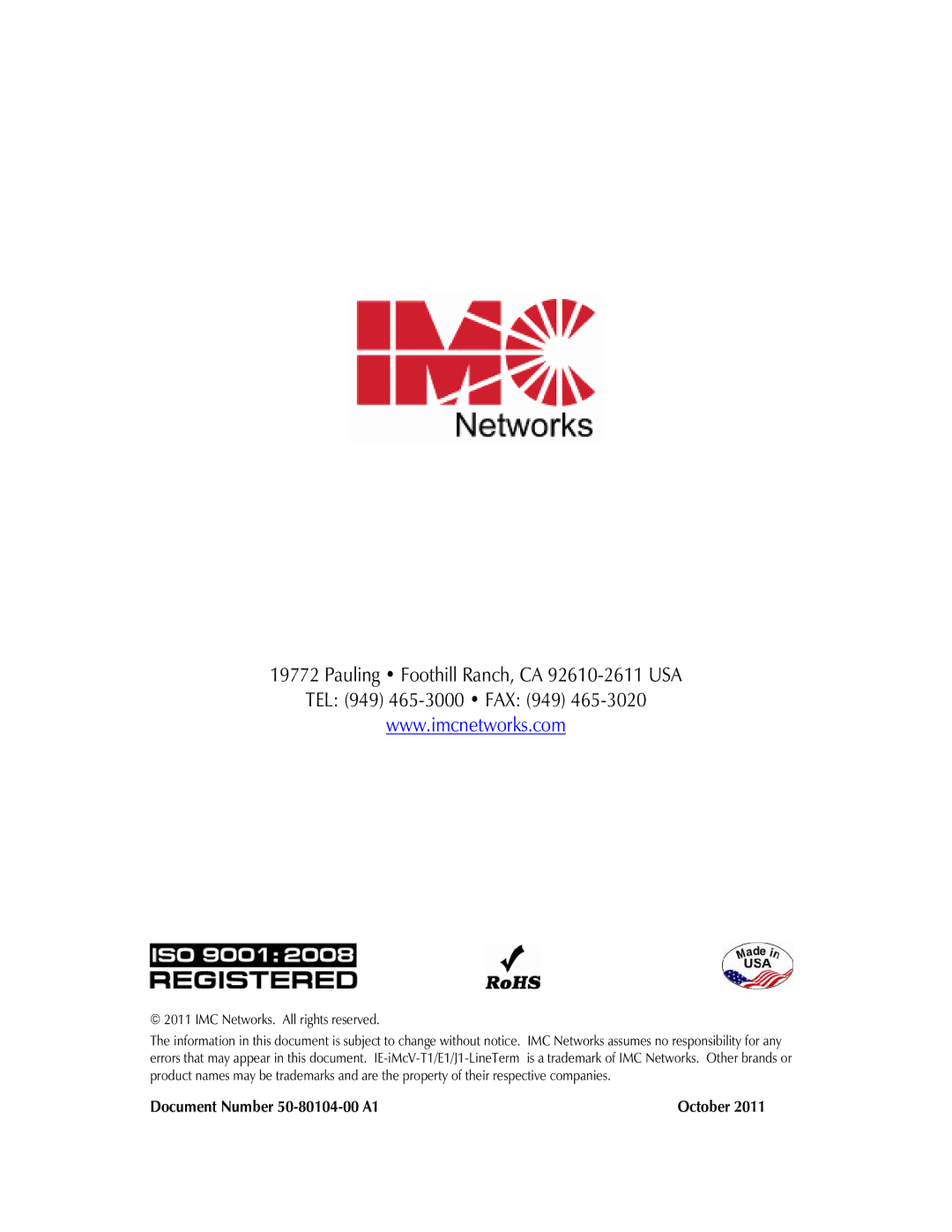 IMC Networks IE-IMCV-T1, E1 operation manual Document Number 50-80104-00 A1 