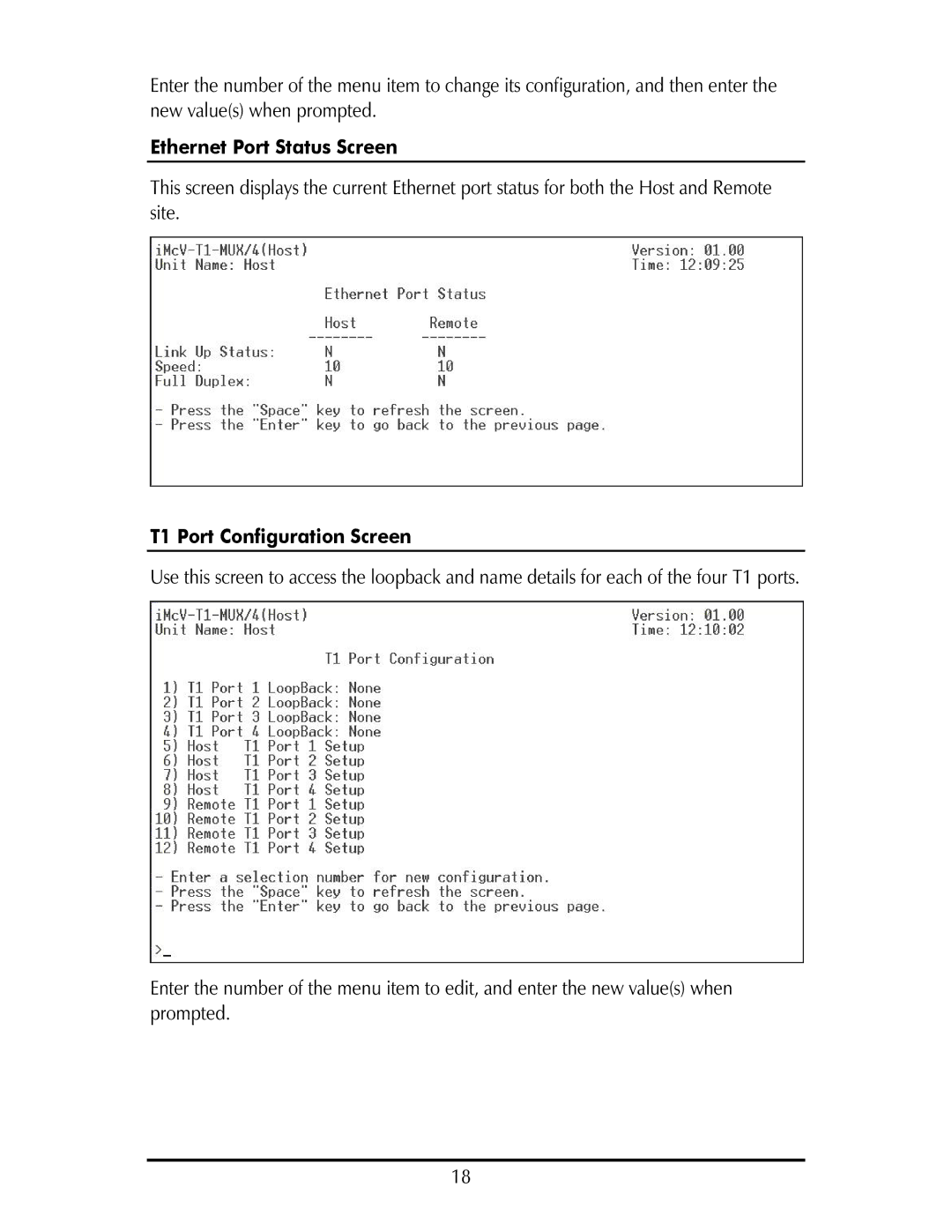 IMC Networks IE-IMCV-T1-MUX/4 operation manual Ethernet Port Status Screen, T1 Port Configuration Screen 