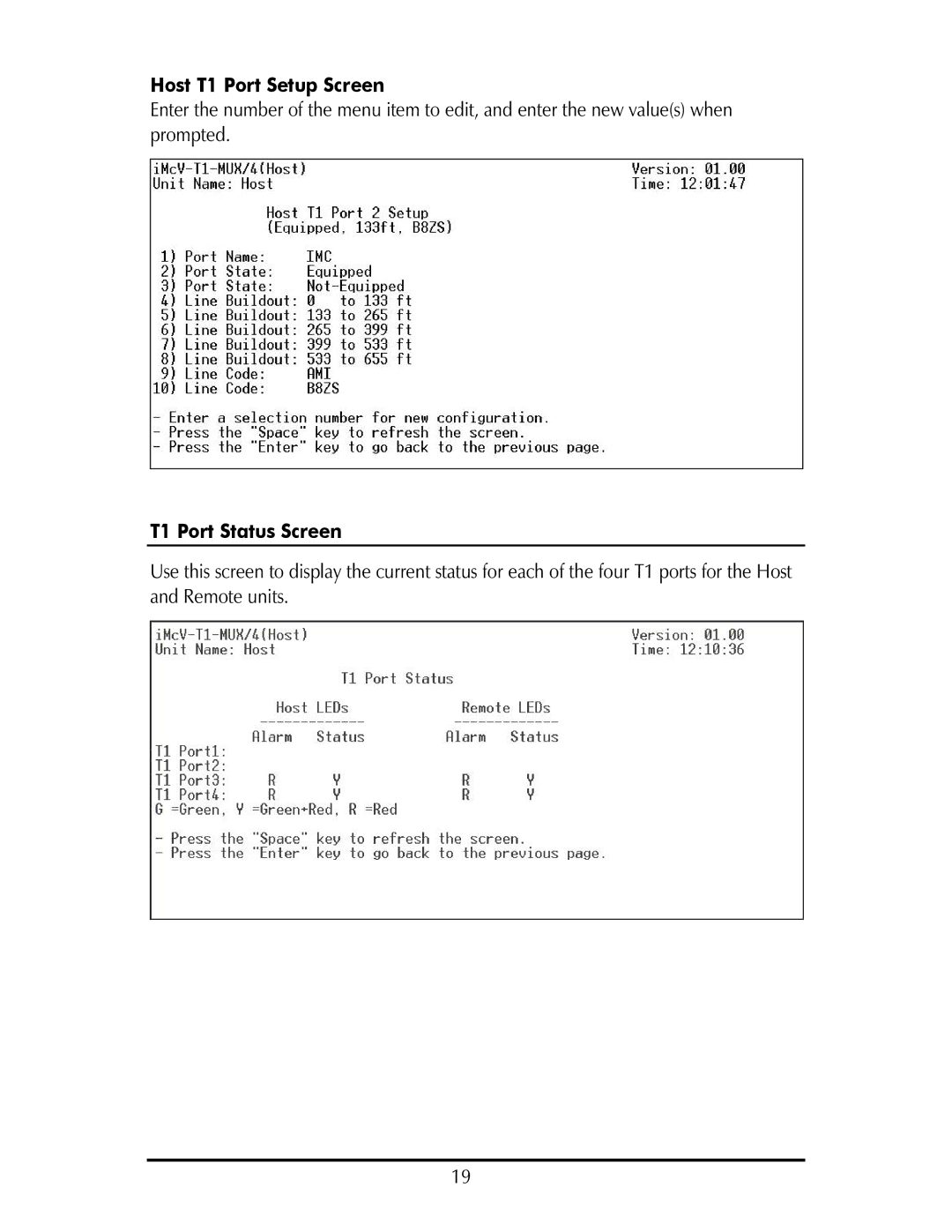 IMC Networks IE-IMCV-T1-MUX/4 operation manual Host T1 Port Setup Screen, T1 Port Status Screen 