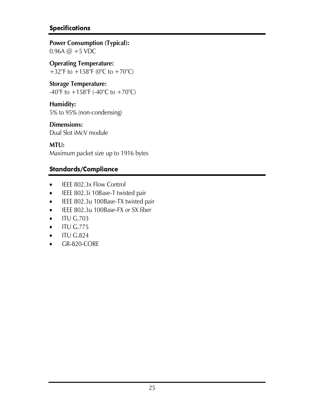 IMC Networks IE-IMCV-T1-MUX/4 operation manual Specifications, Standards/Compliance 