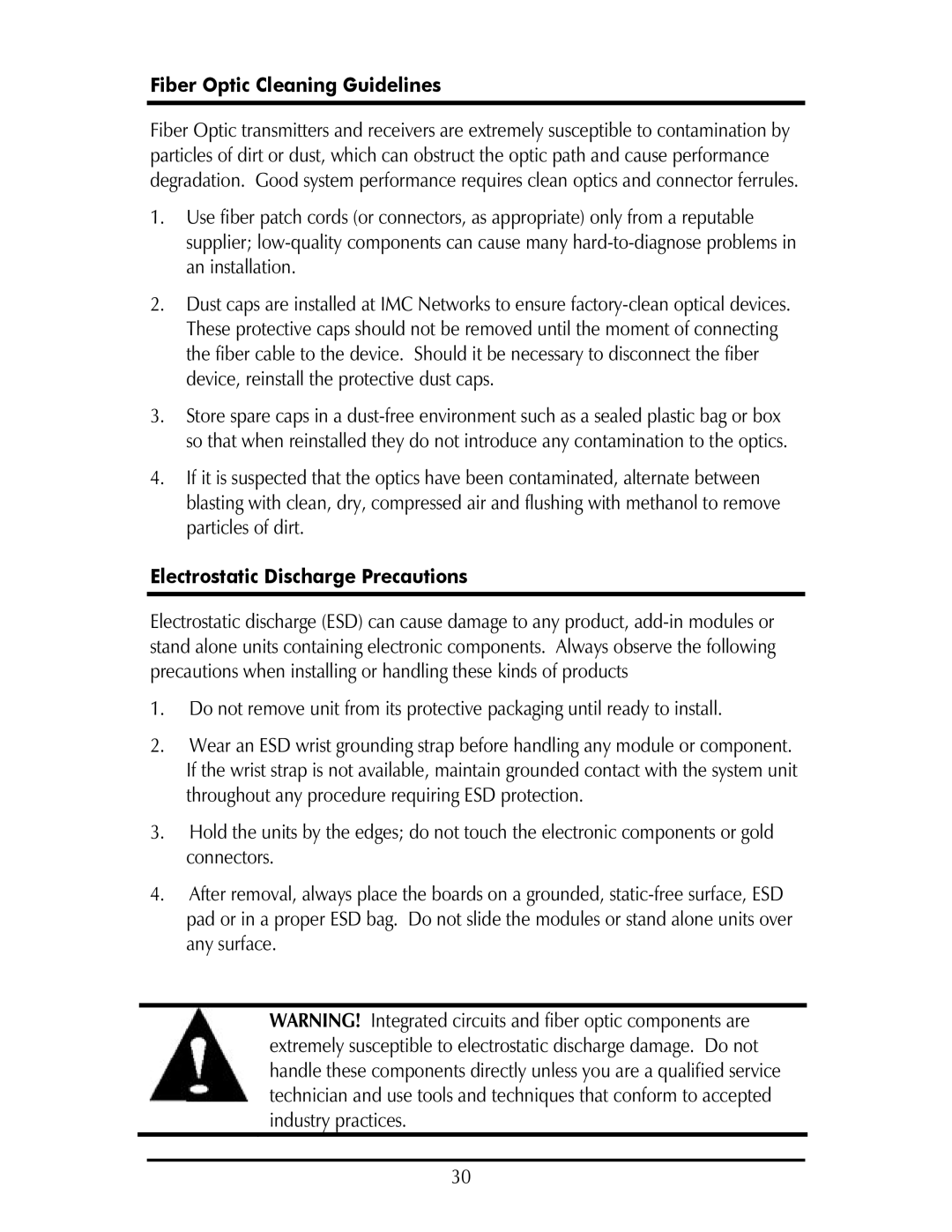 IMC Networks IE-IMCV-T1-MUX/4 operation manual Fiber Optic Cleaning Guidelines, Electrostatic Discharge Precautions 