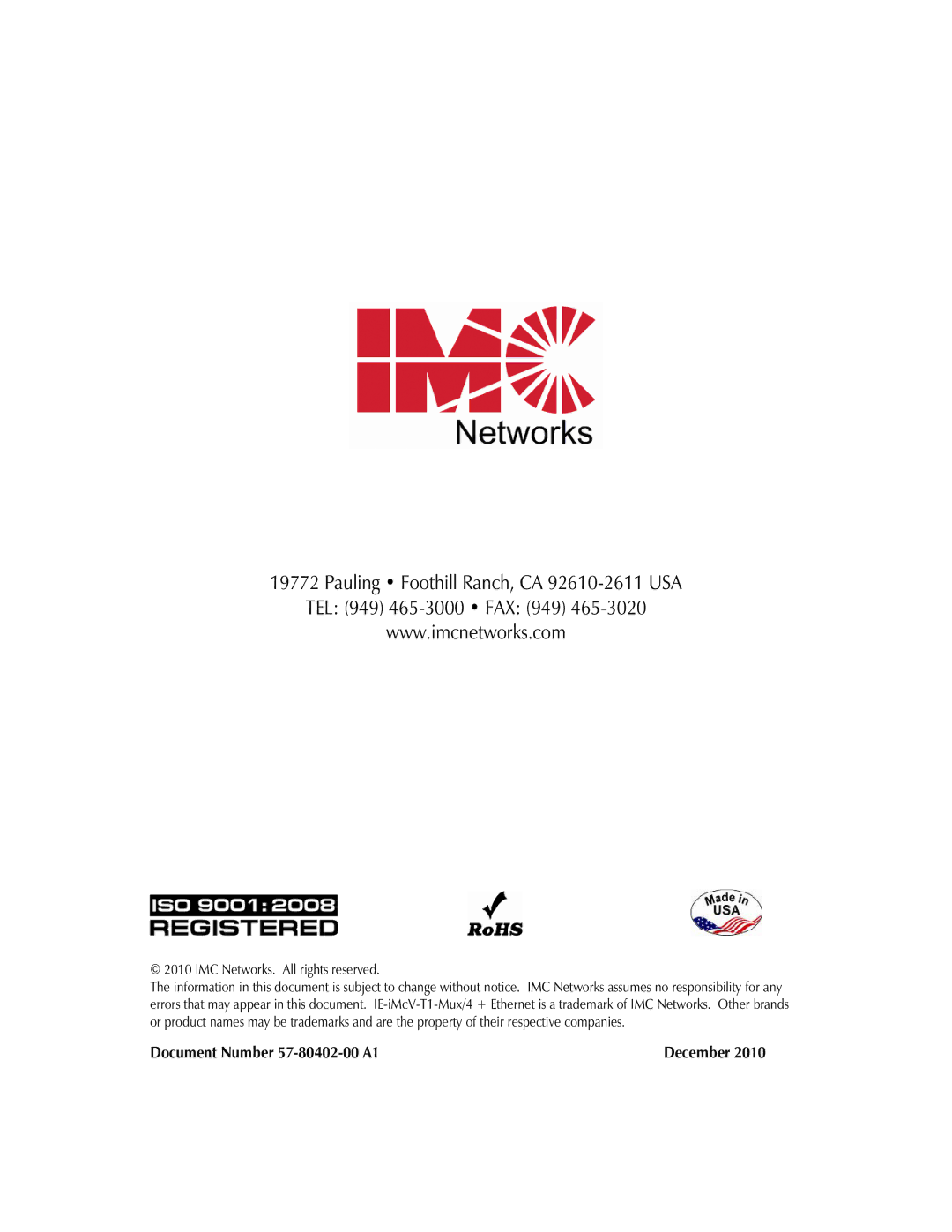 IMC Networks IE-IMCV-T1-MUX/4 operation manual Document Number 57-80402-00 A1 