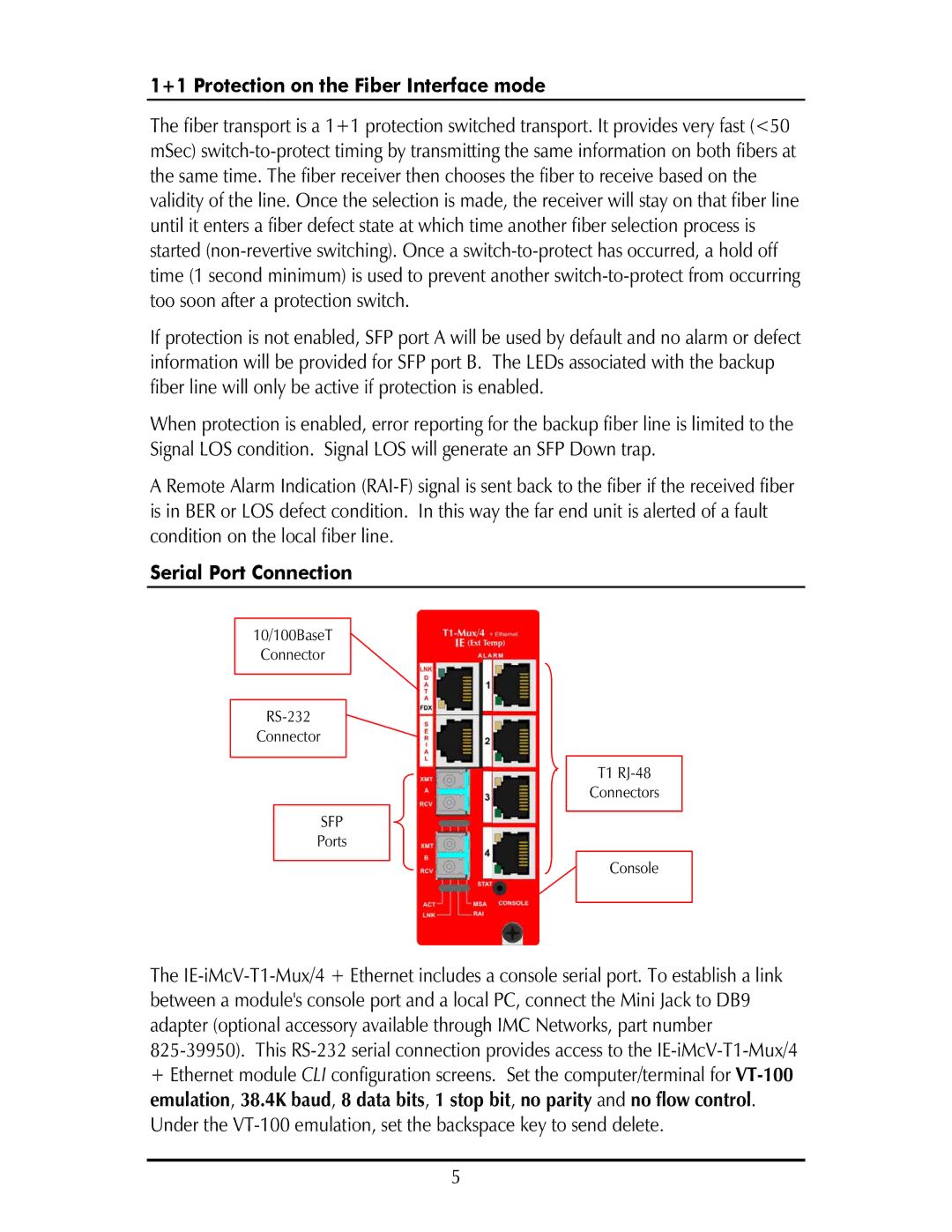 IMC Networks IE-IMCV-T1-MUX/4 operation manual +1 Protection on the Fiber Interface mode, Serial Port Connection 