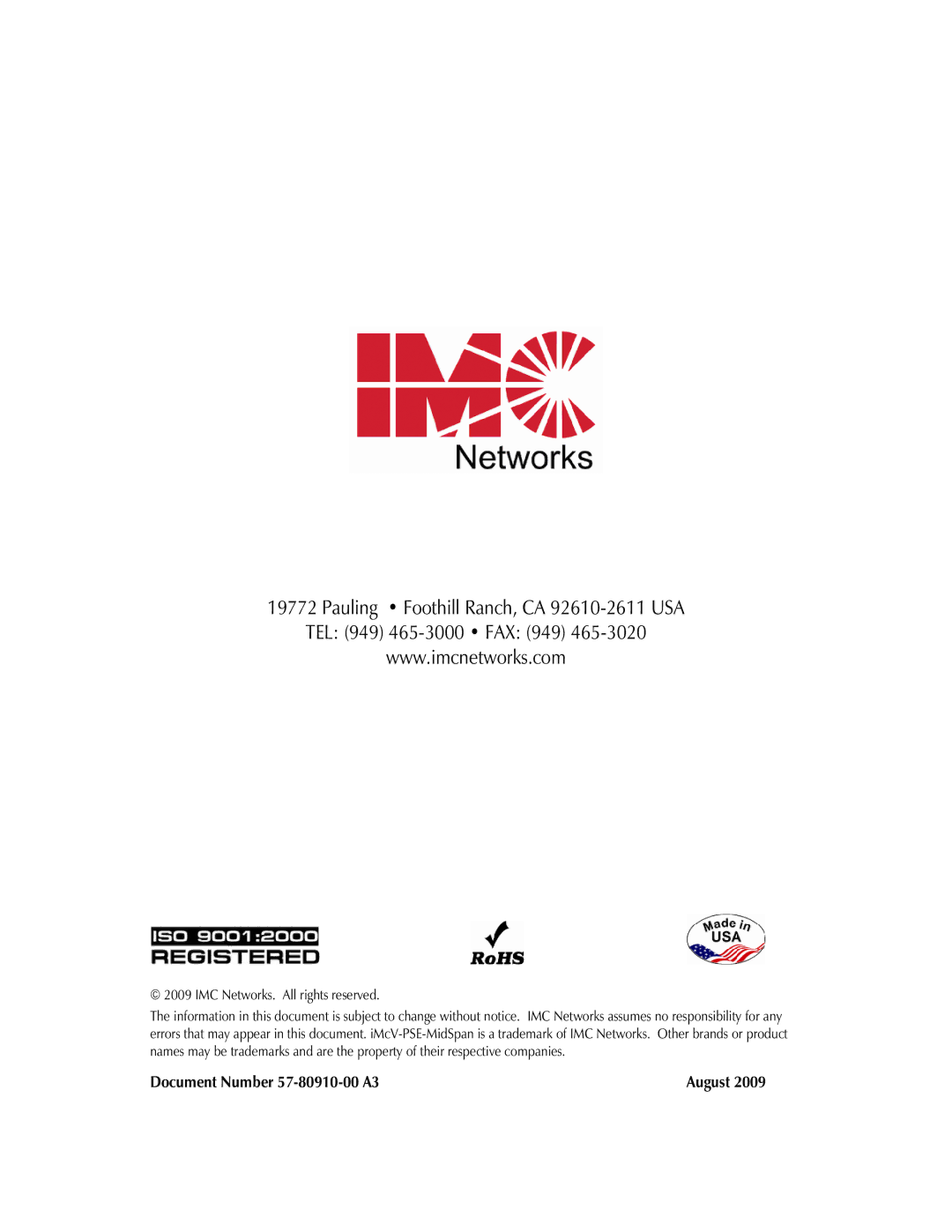 IMC Networks iMcV-PSE-MidSpan operation manual Document Number 57-80910-00 A3 