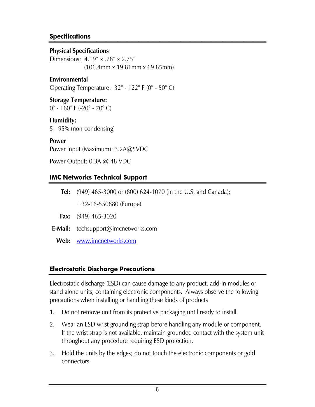 IMC Networks iMcV-PSE-MidSpan Specifications, IMC Networks Technical Support, Electrostatic Discharge Precautions 