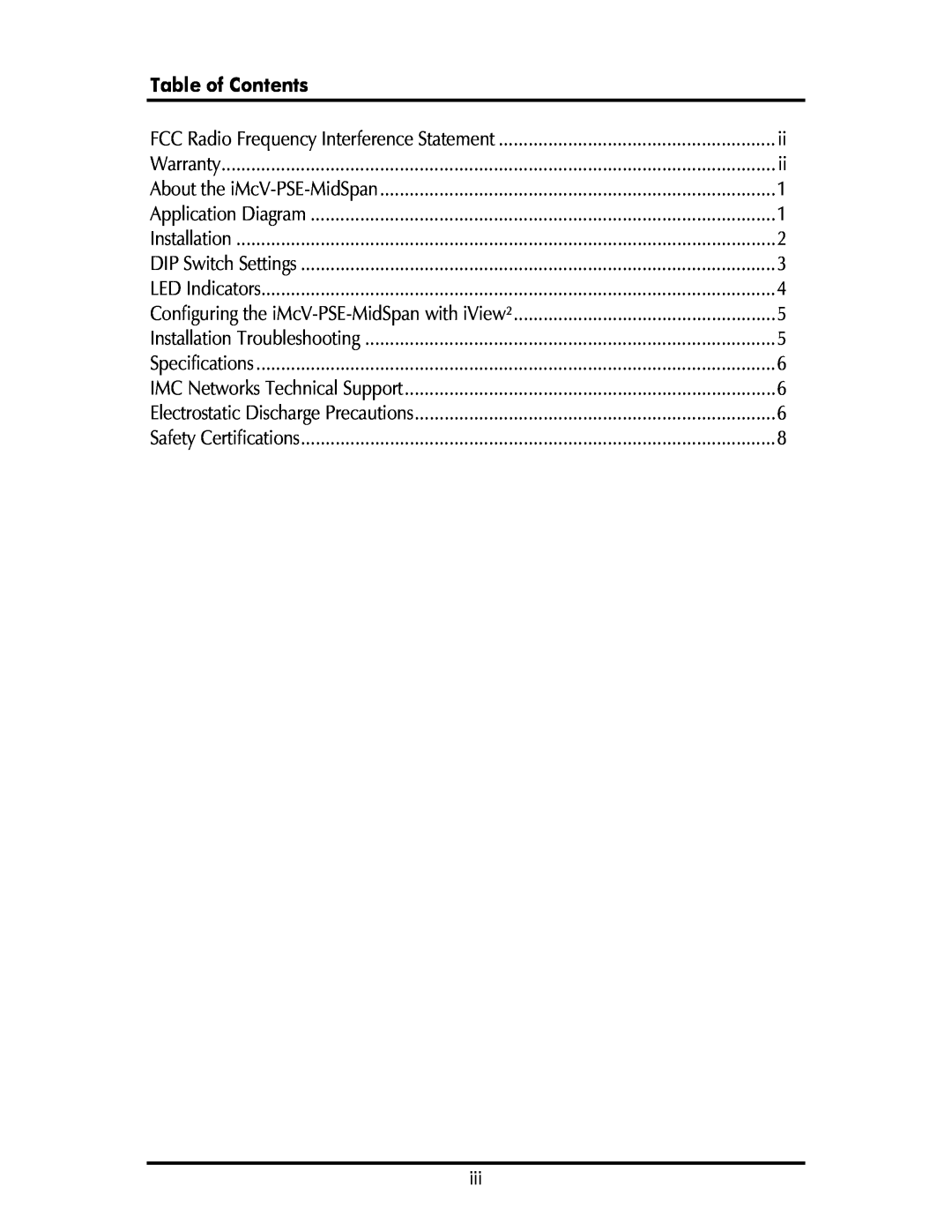 IMC Networks iMcV-PSE-MidSpan operation manual Table of Contents 