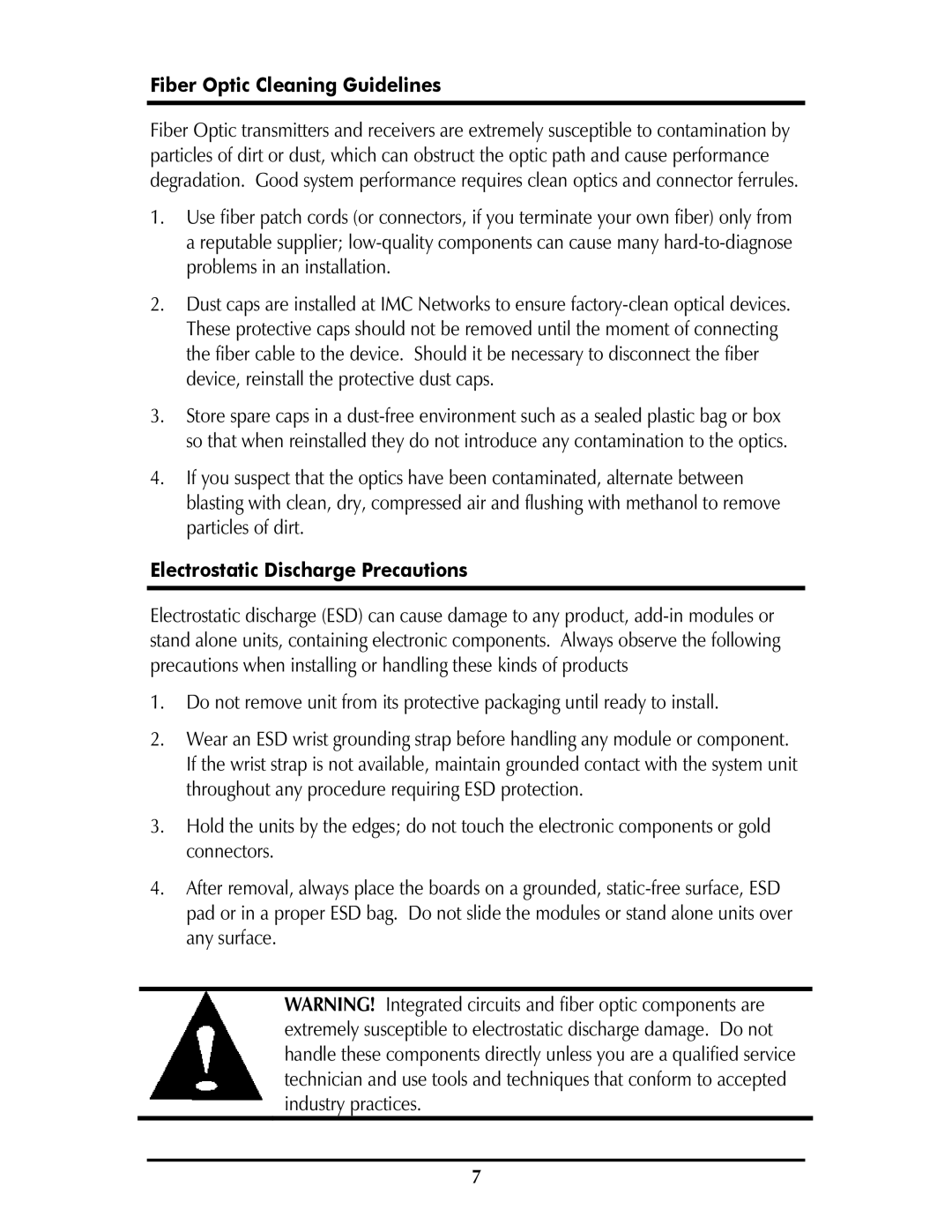 IMC Networks iMcV-Switch operation manual Fiber Optic Cleaning Guidelines, Electrostatic Discharge Precautions 