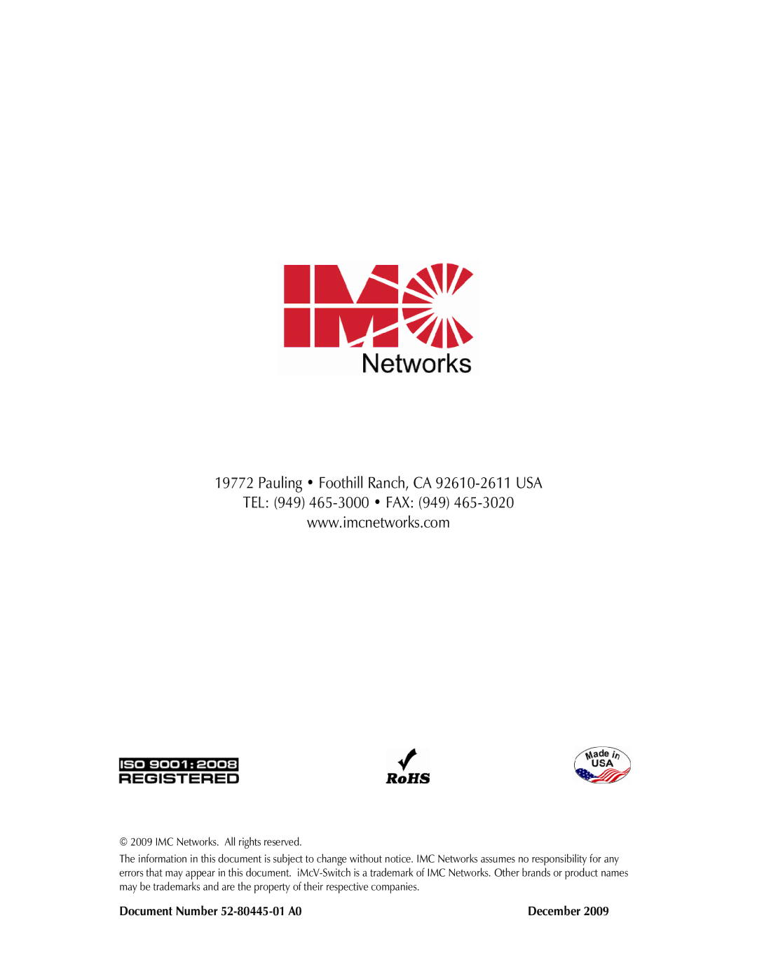 IMC Networks iMcV-Switch operation manual Document Number 52-80445-01 A0 