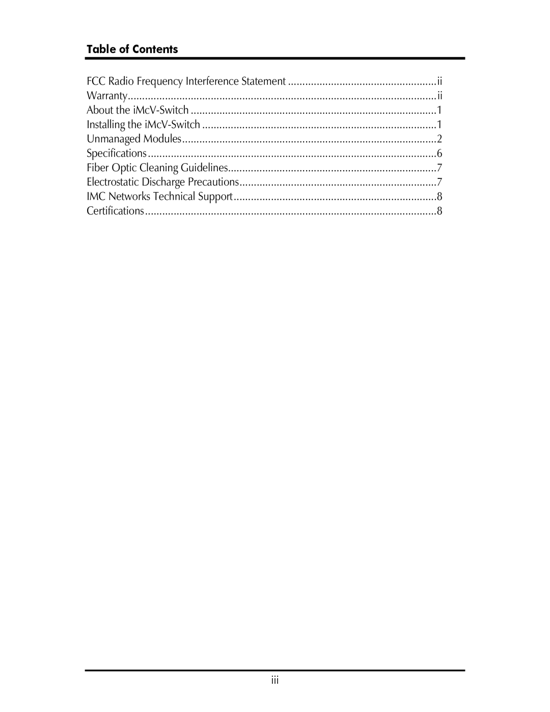 IMC Networks iMcV-Switch operation manual Table of Contents 